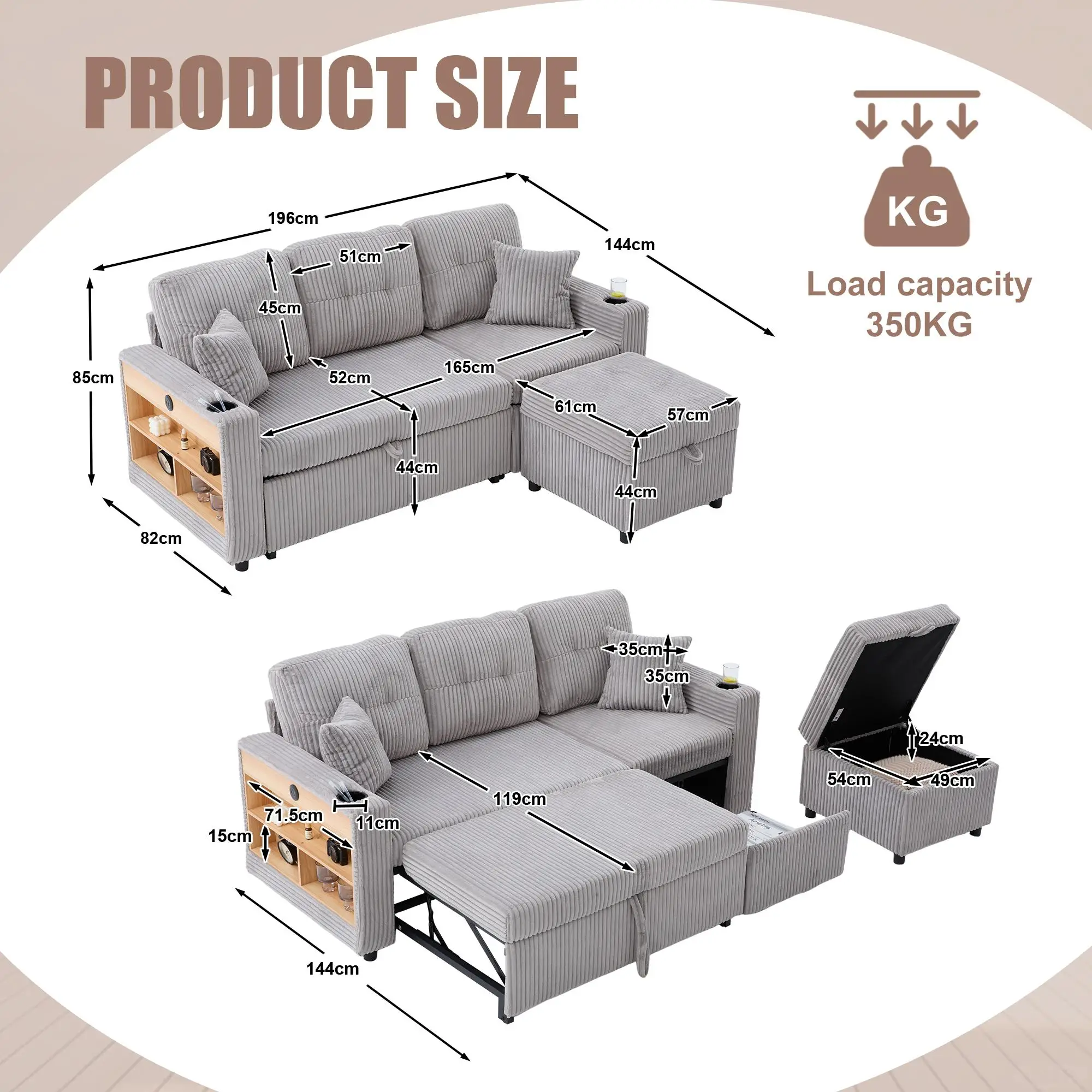 Corduroy Sofa Bed 196 x 82 x 144cm - Light Grey - 3