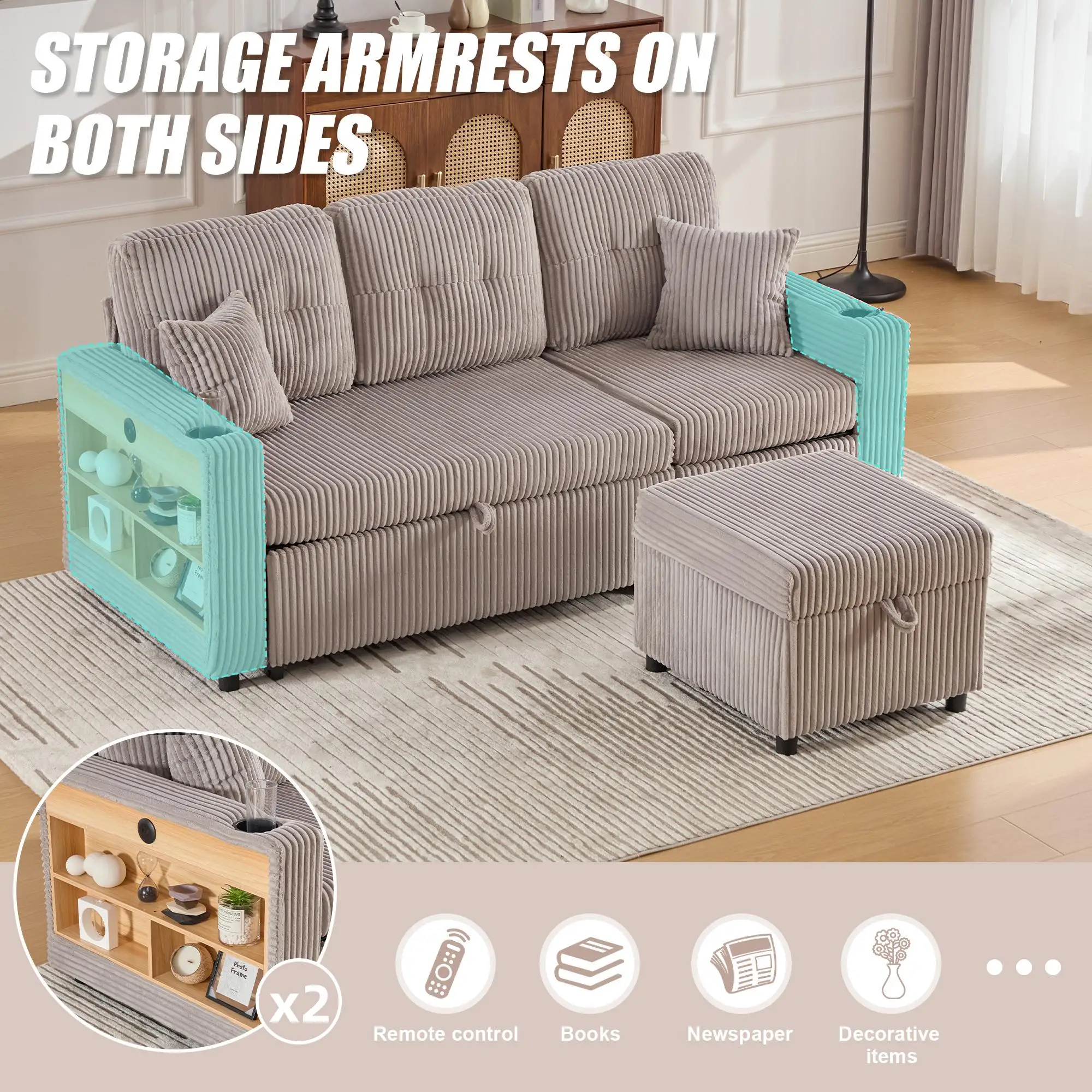 Corduroy Sofa Bed 196 x 82 x 144cm - Light Grey - 4