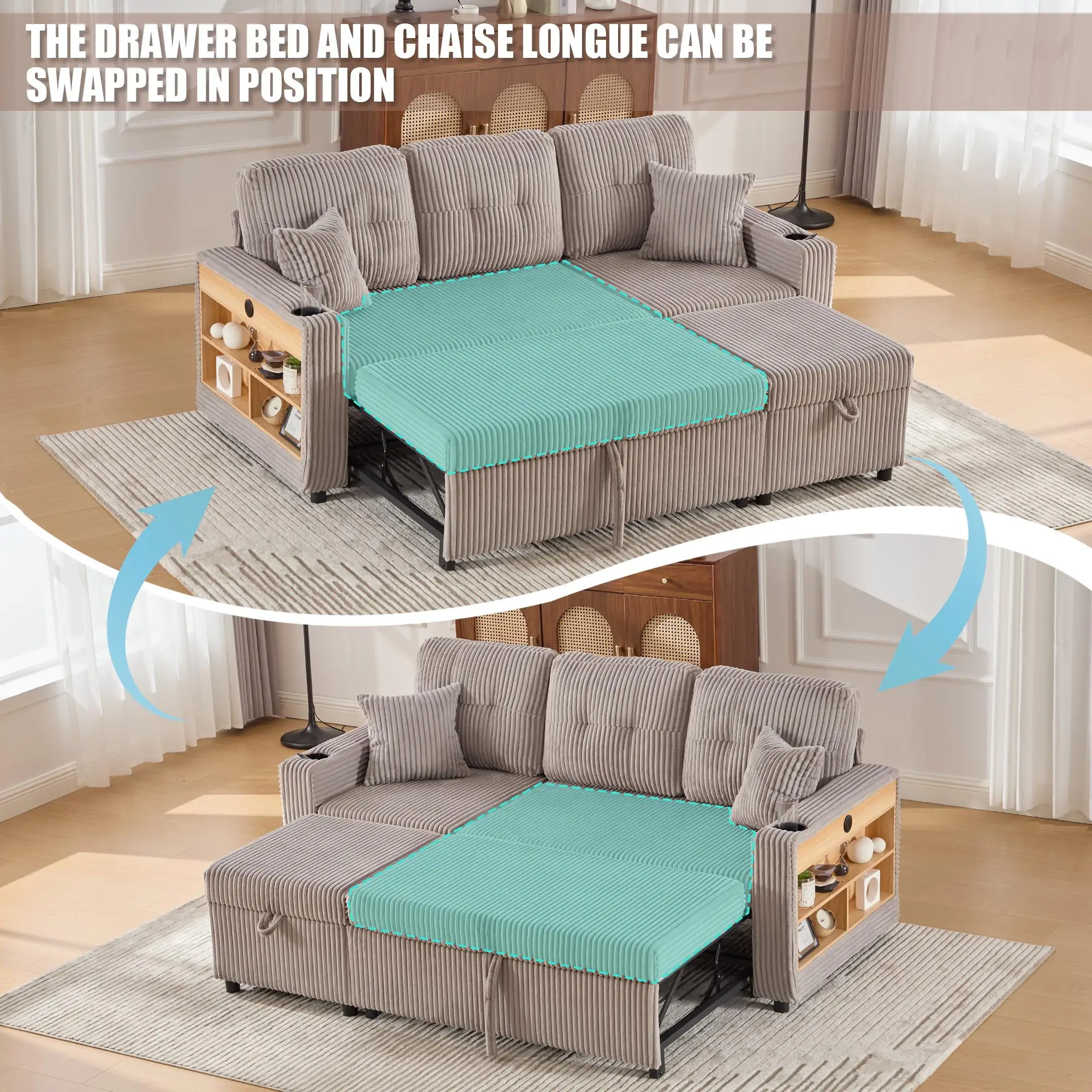 Corduroy Sofa Bed 196 x 82 x 144cm - Light Grey - 5