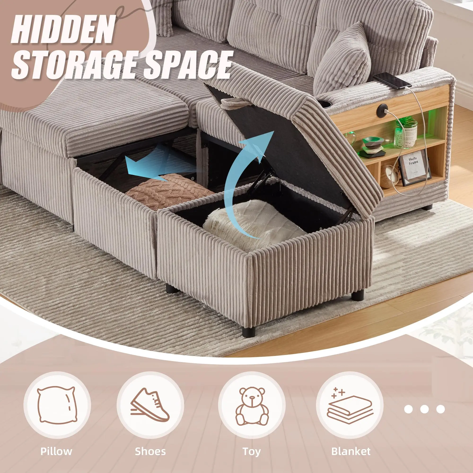 Corduroy Sofa Bed 196 x 82 x 144cm - Light Grey - 7