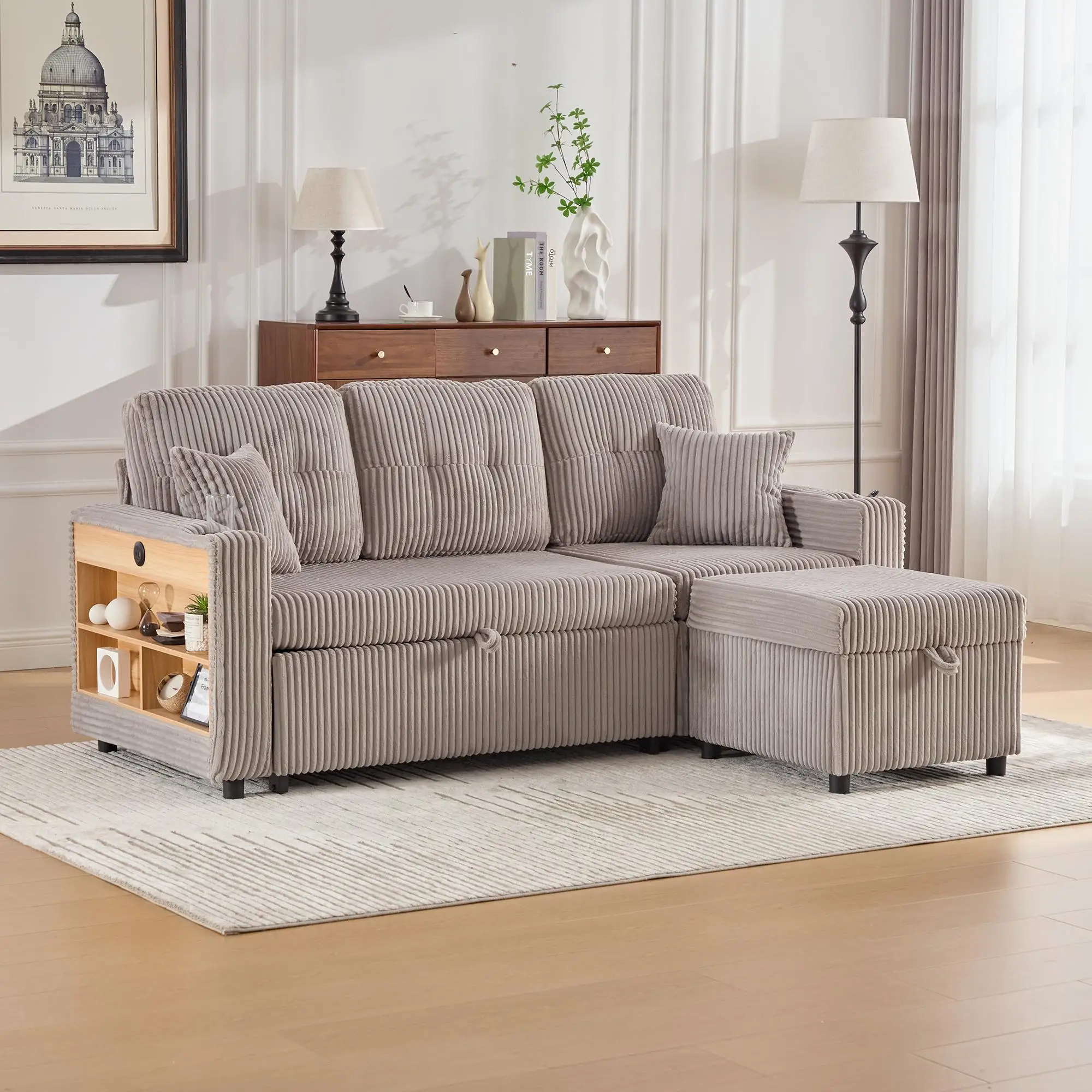 Corduroy Sofa Bed 196 x 82 x 144cm - Light Grey - 8
