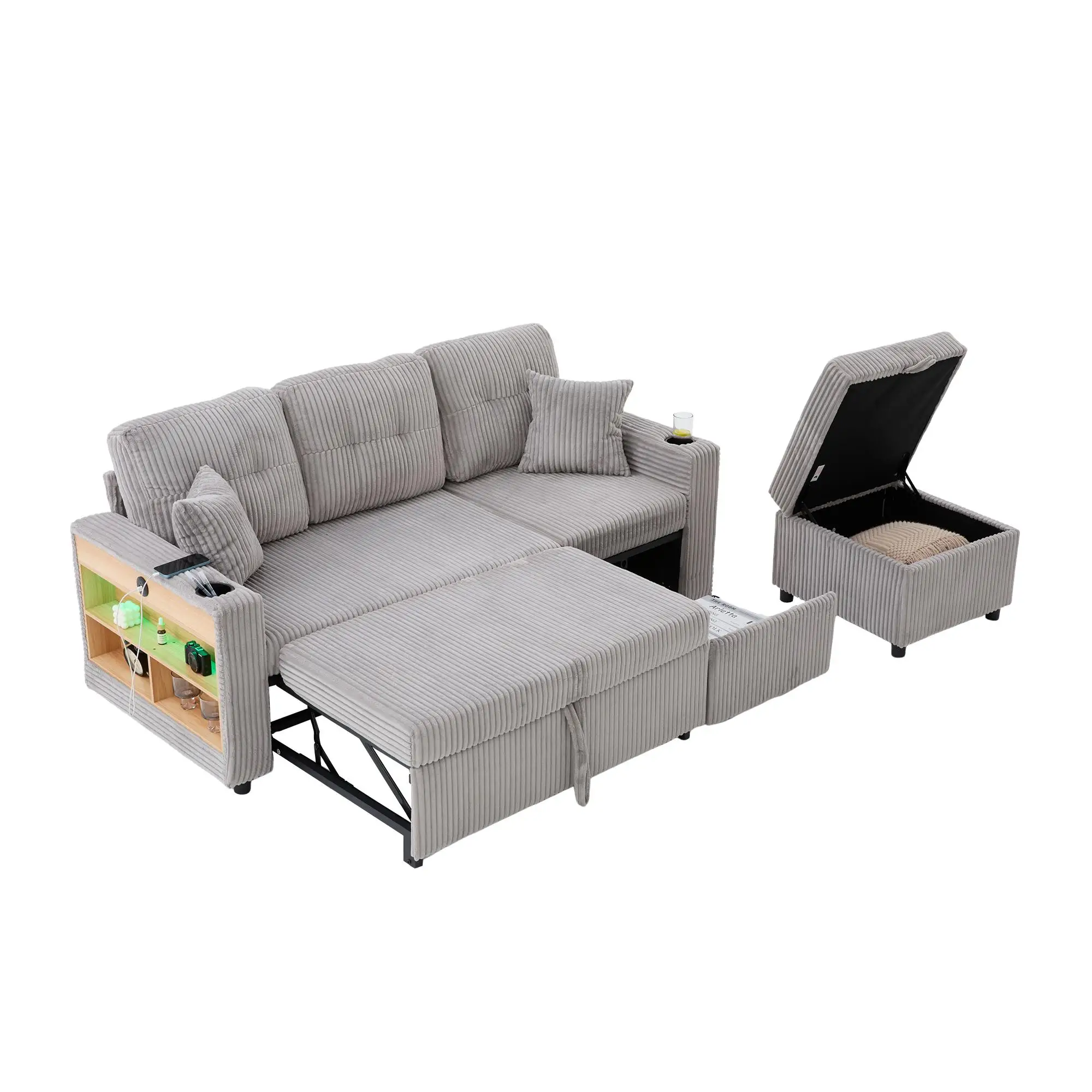 Corduroy Sofa Bed 196 x 82 x 144cm - Light Grey - 13