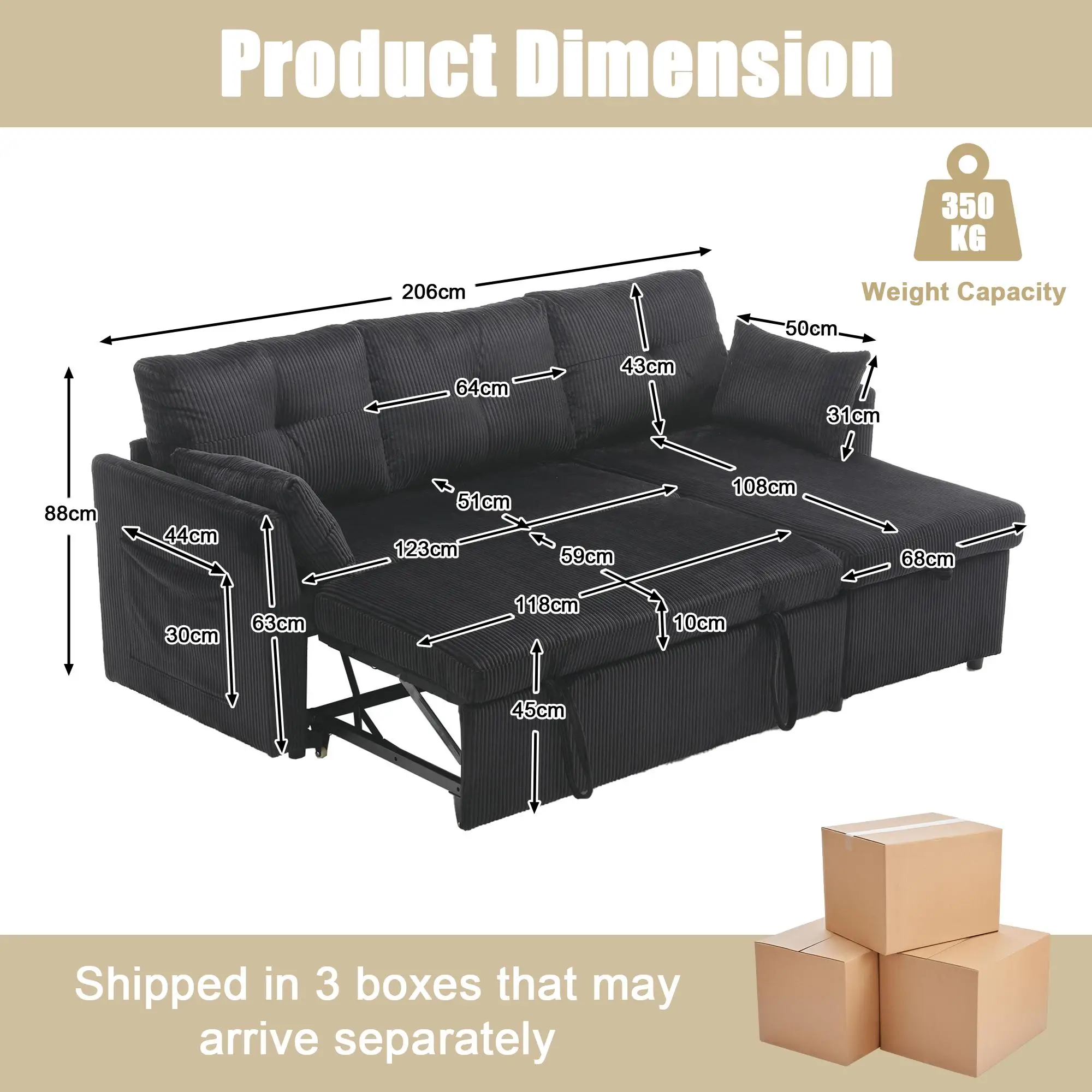 Corner Corduroy Sofa Bed 206 x 130 x 88cm - Black - 3