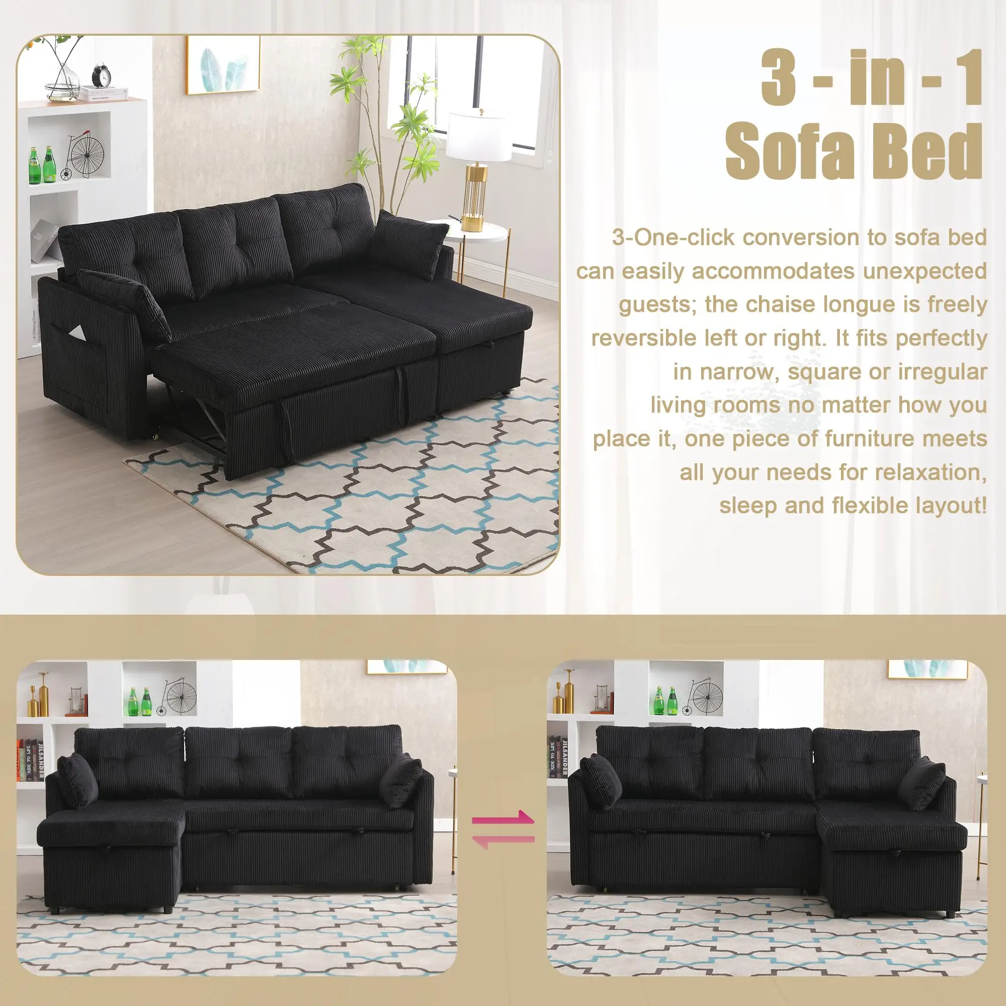 Corner Corduroy Sofa Bed 206 x 130 x 88cm - Black - 4