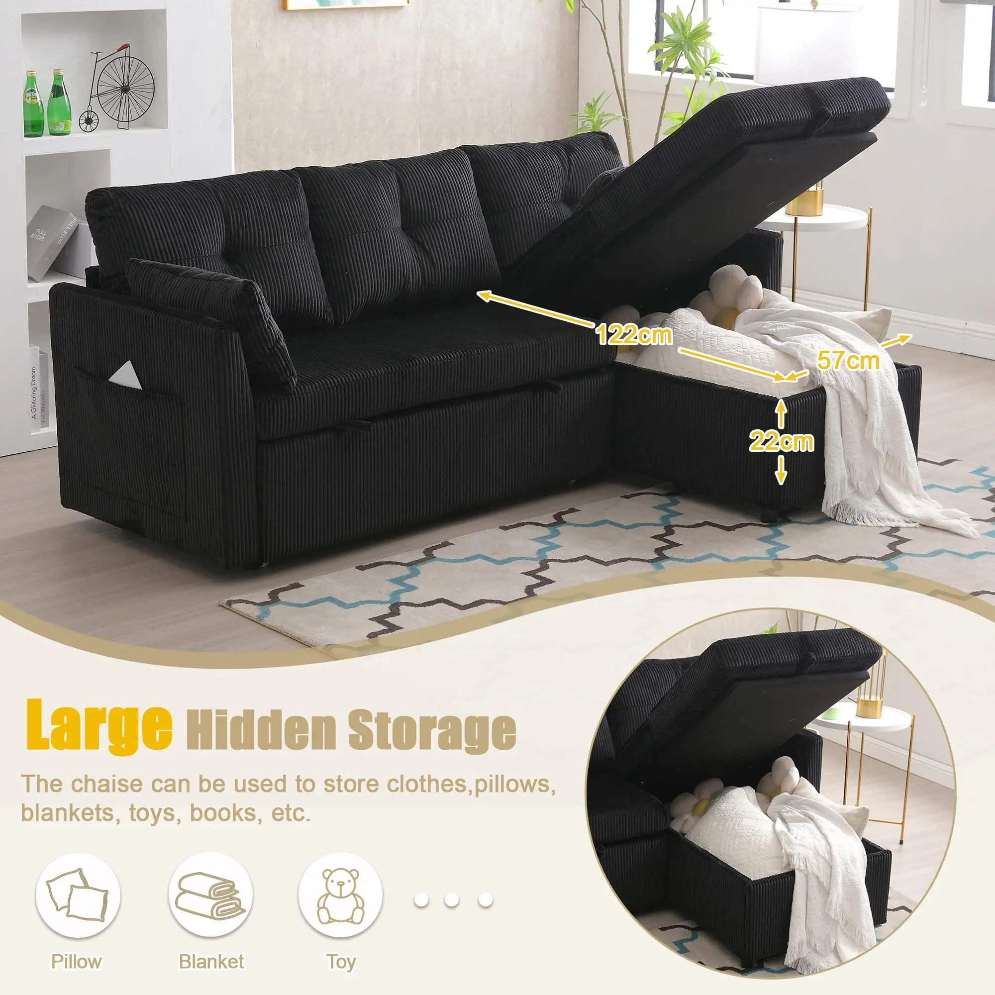 Corner Corduroy Sofa Bed 206 x 130 x 88cm - Black - 6