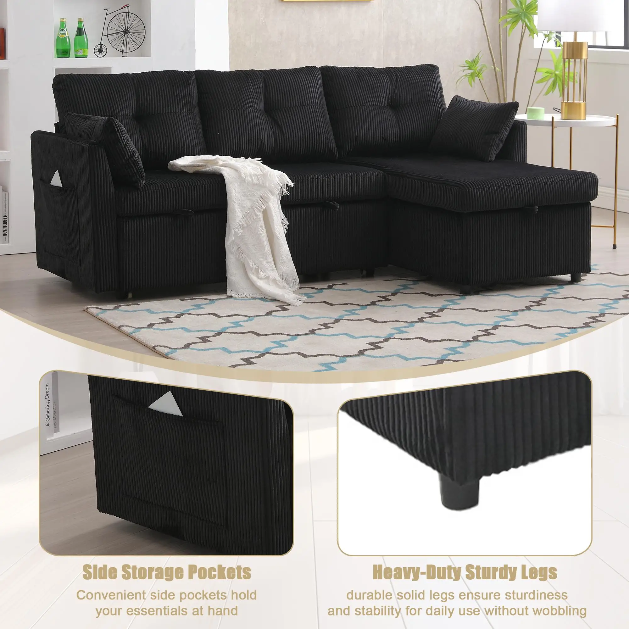 Corner Corduroy Sofa Bed 206 x 130 x 88cm - Black - 7
