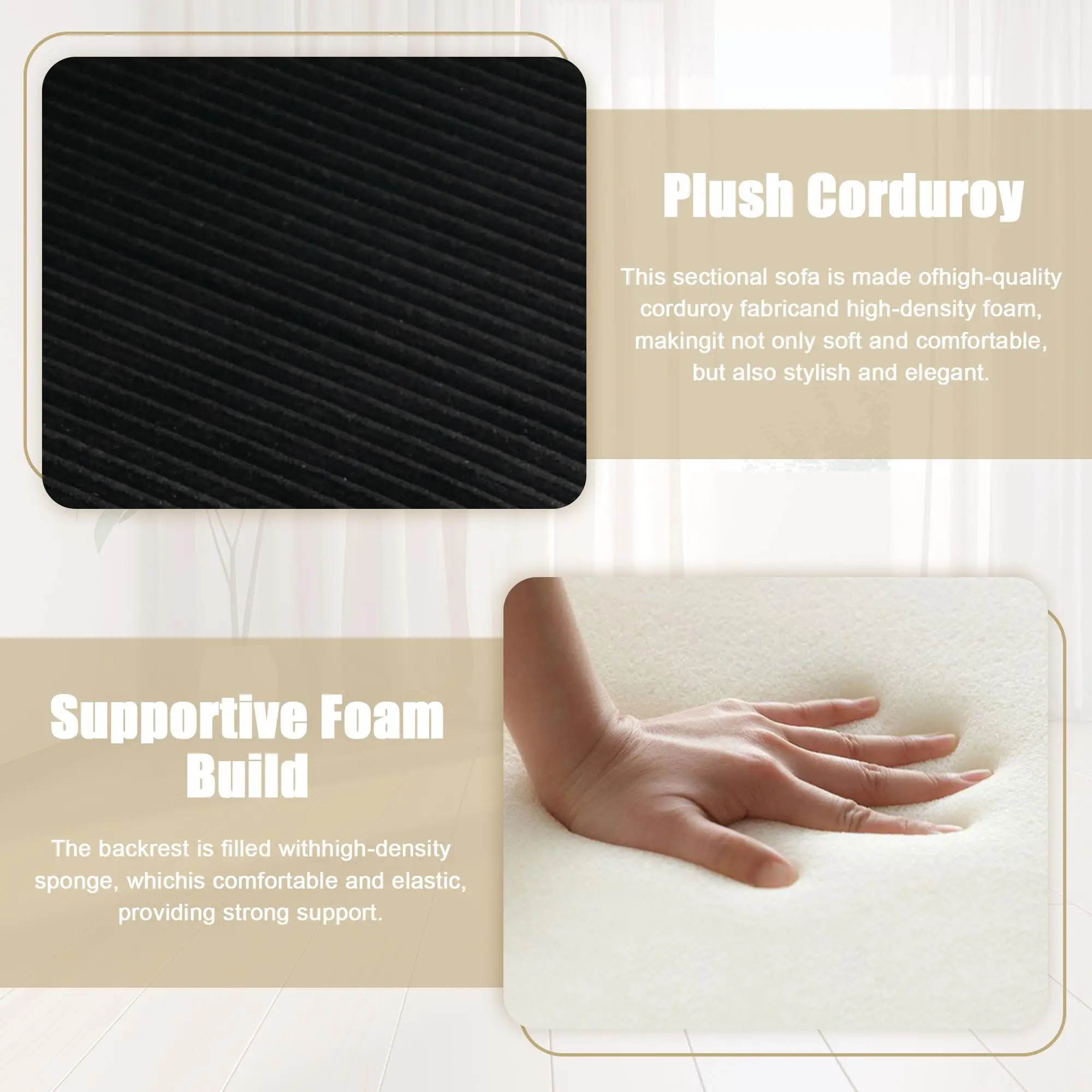 Corner Corduroy Sofa Bed 206 x 130 x 88cm - Black - 8