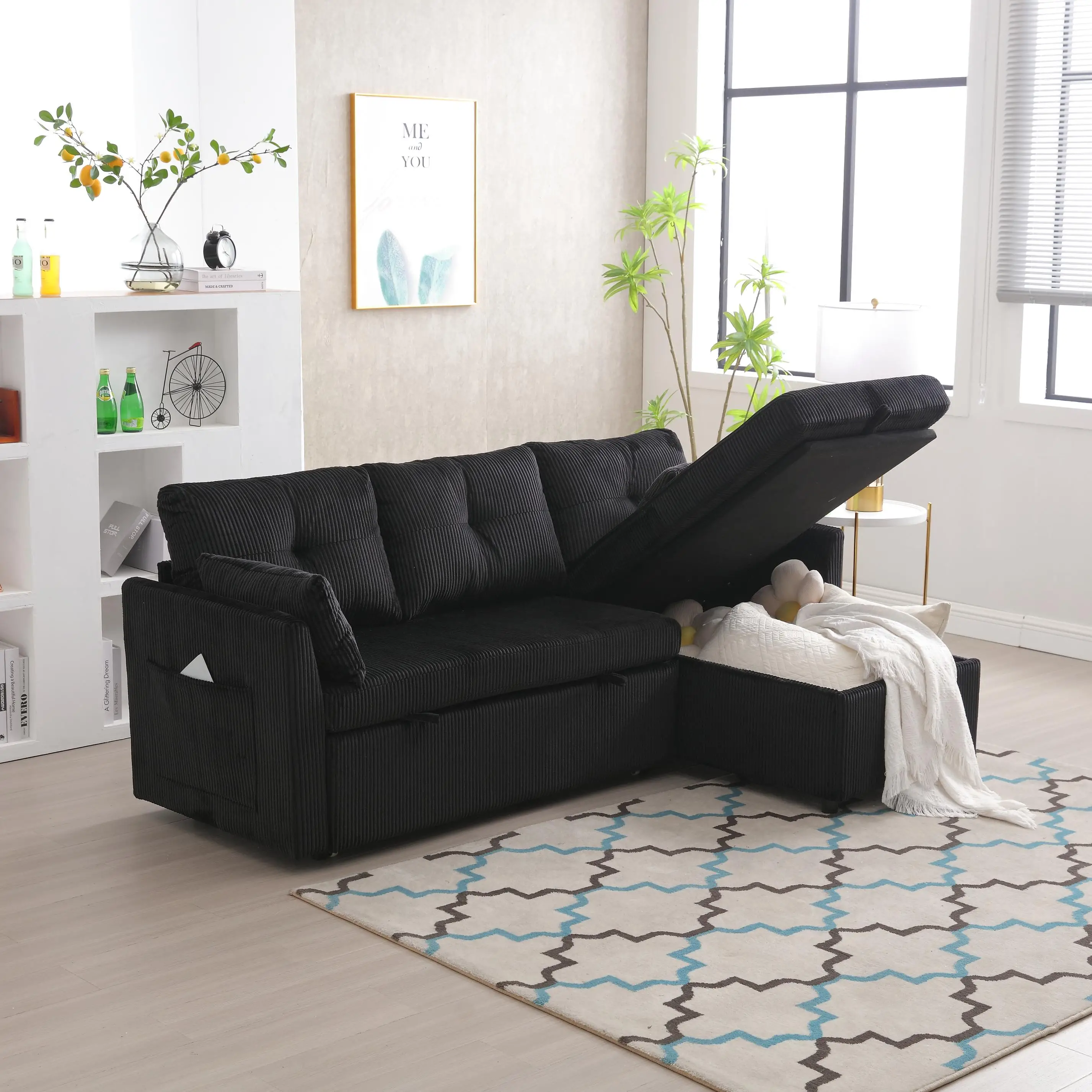 Corner Corduroy Sofa Bed 206 x 130 x 88cm - Black - 9