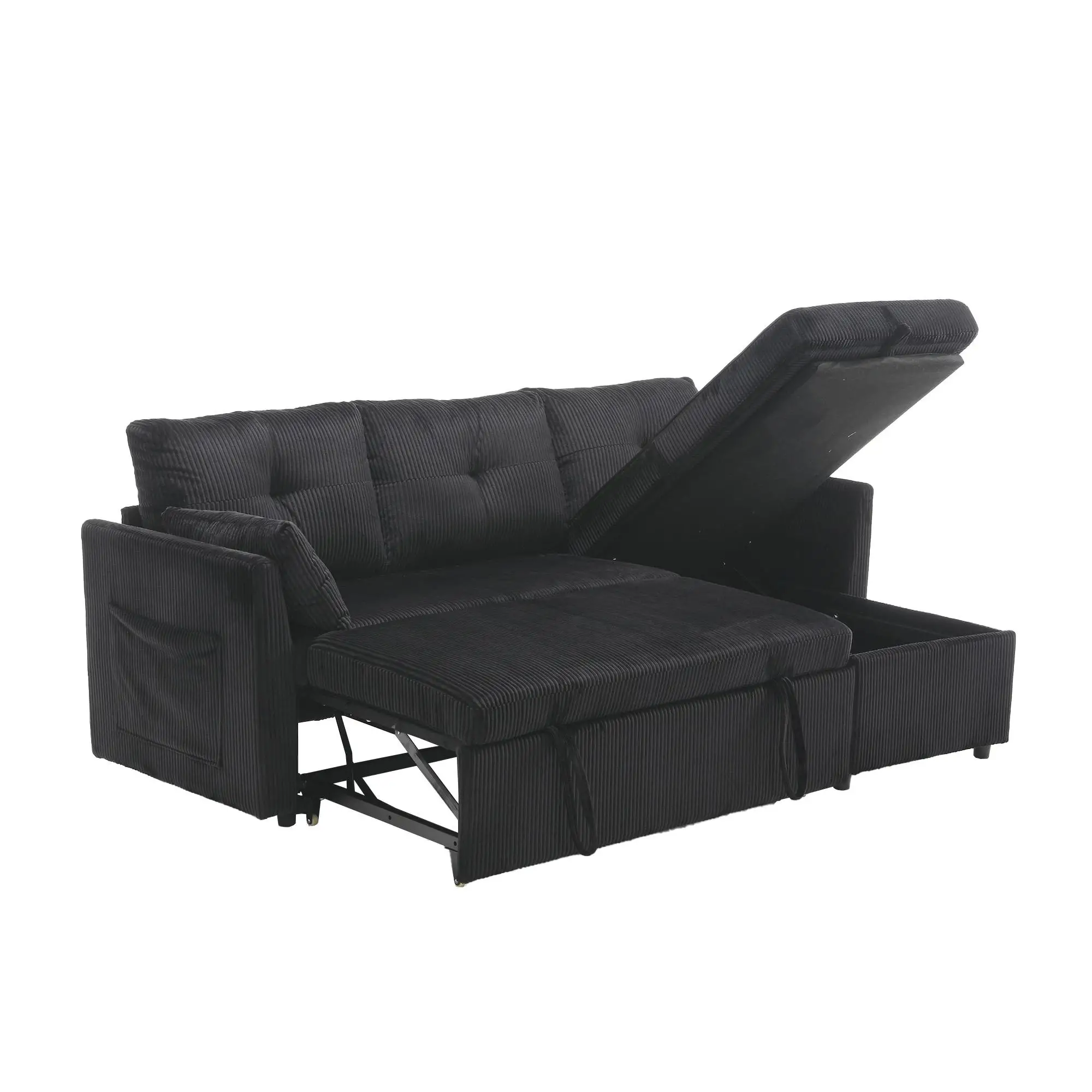 Corner Corduroy Sofa Bed 206 x 130 x 88cm - Black - 11