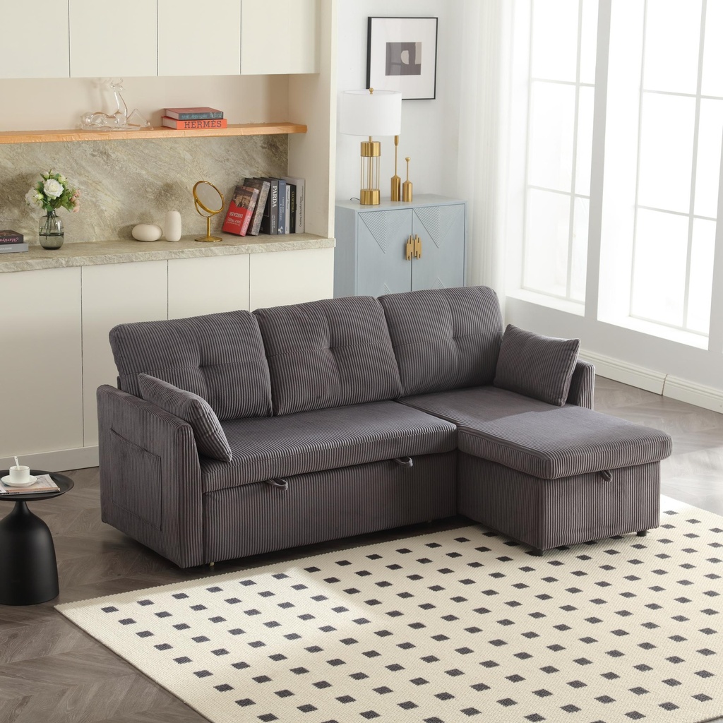 Corner Corduroy Sofa Bed 206 x 130 x 88cm - Charcoal Grey - 1