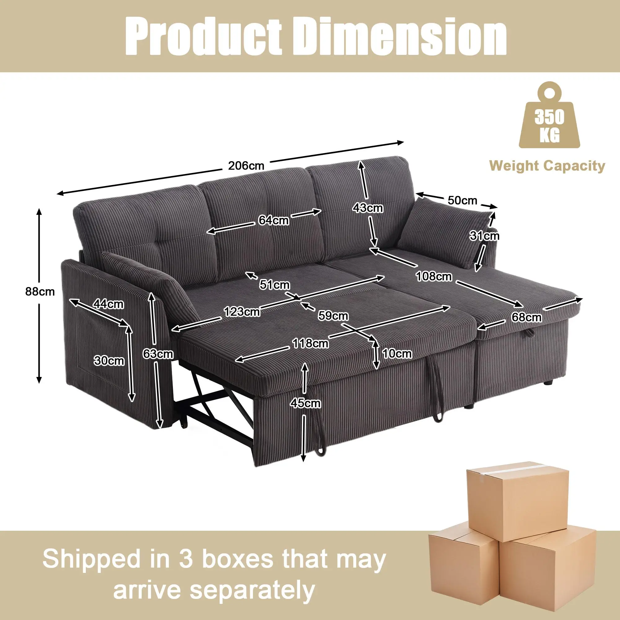 Corner Corduroy Sofa Bed 206 x 130 x 88cm - Charcoal Grey - 3