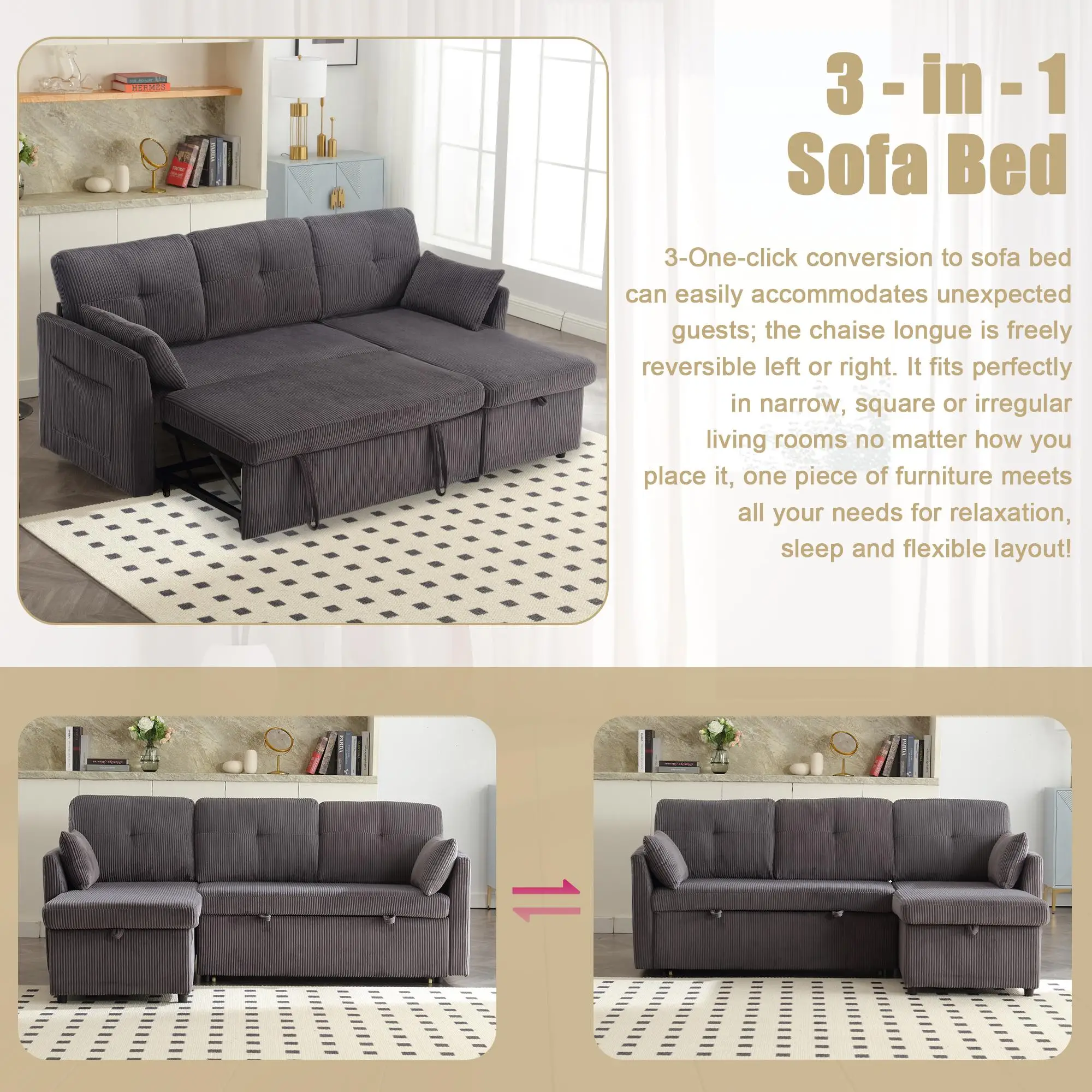Corner Corduroy Sofa Bed 206 x 130 x 88cm - Charcoal Grey - 4