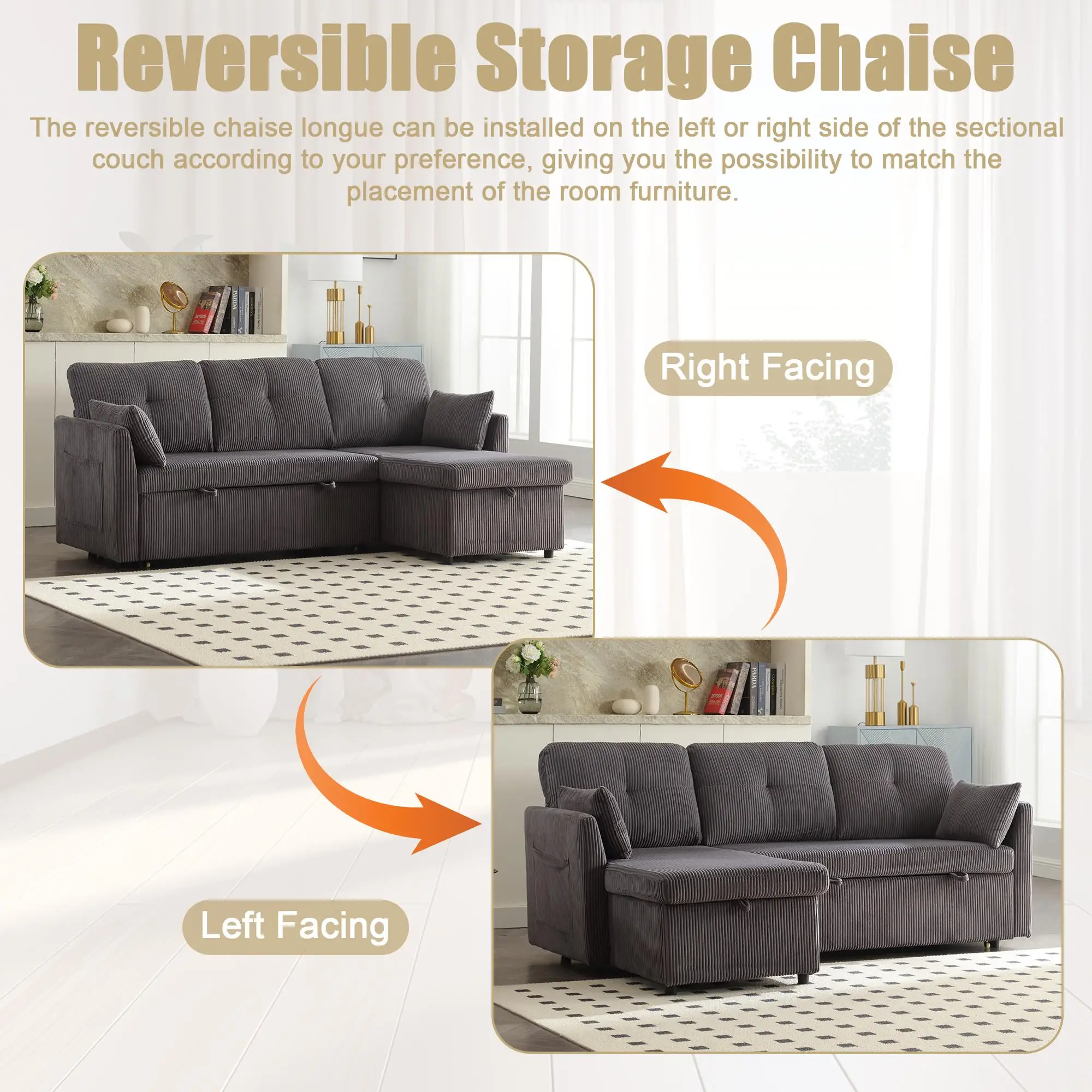 Corner Corduroy Sofa Bed 206 x 130 x 88cm - Charcoal Grey - 5