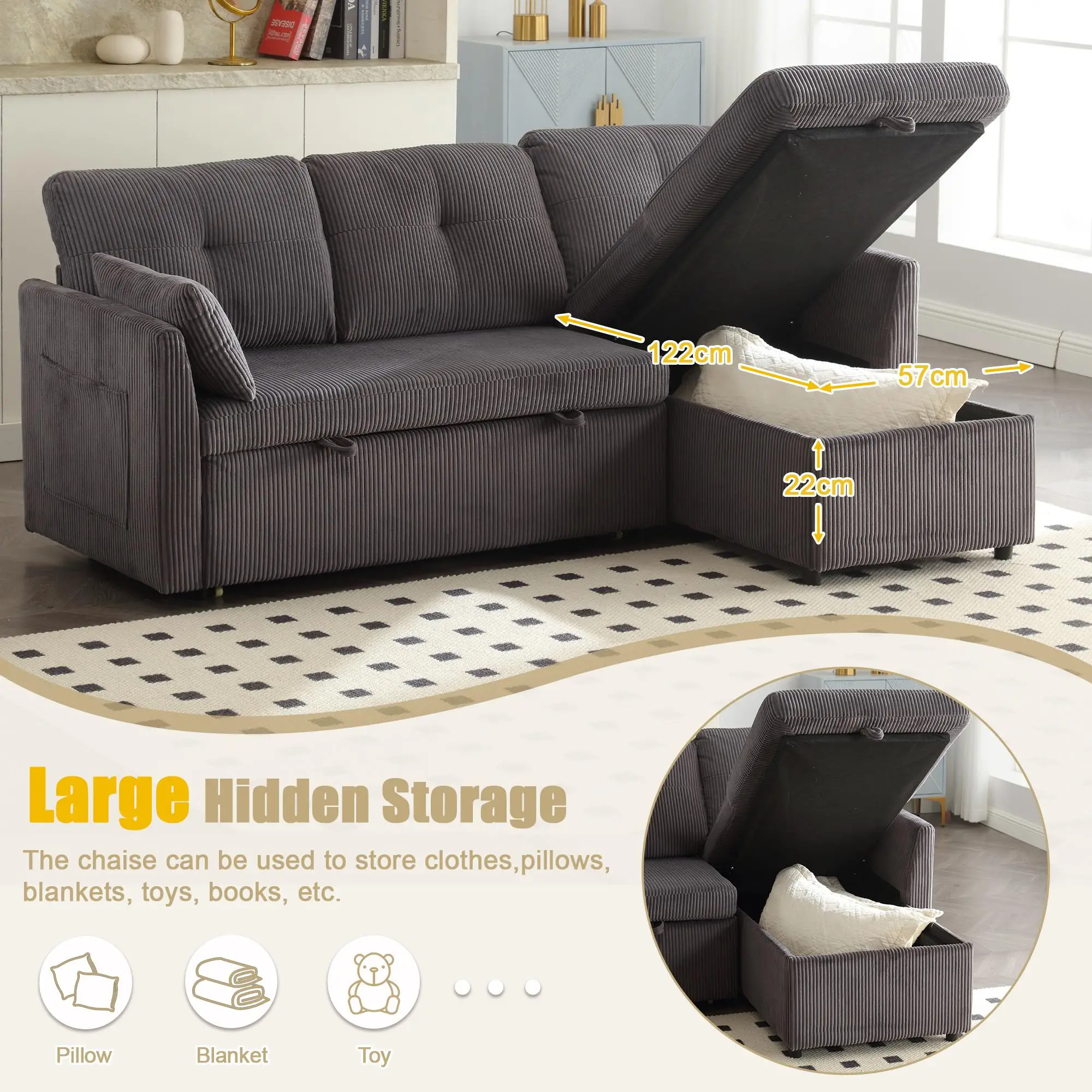 Corner Corduroy Sofa Bed 206 x 130 x 88cm - Charcoal Grey - 6