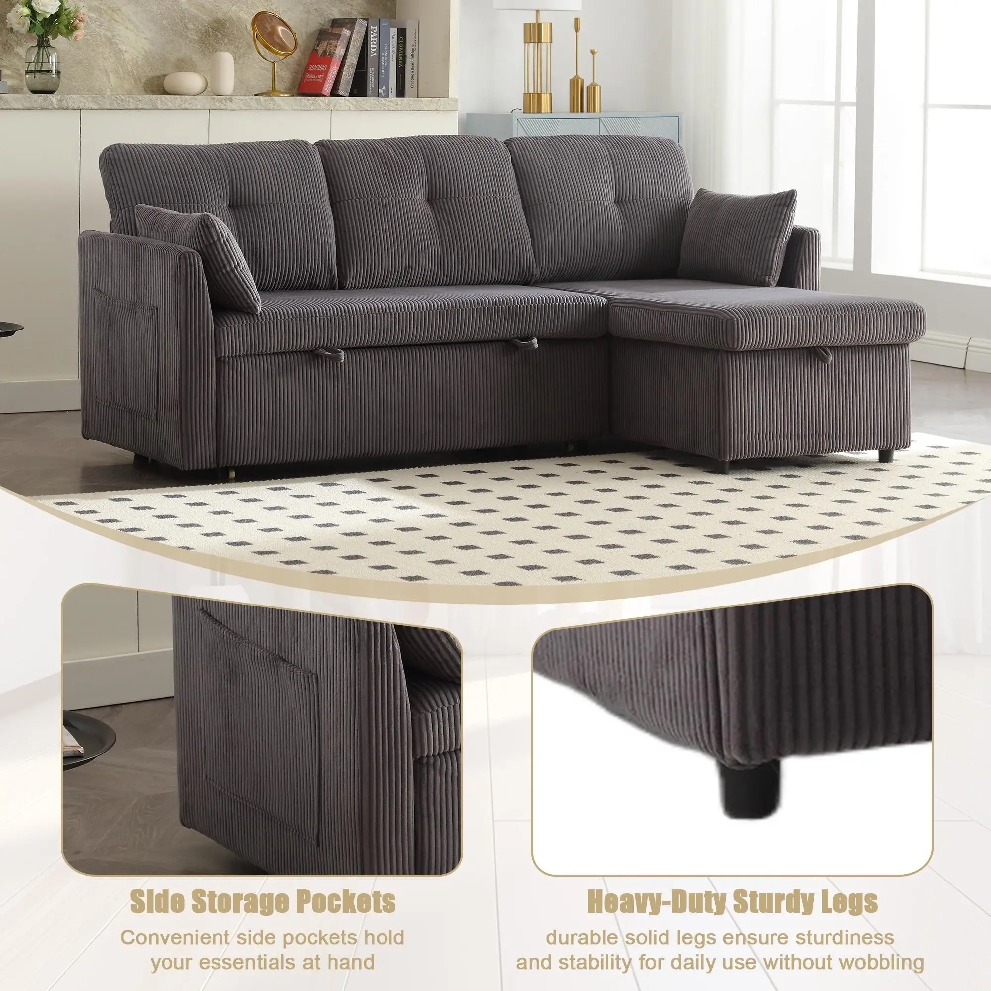 Corner Corduroy Sofa Bed 206 x 130 x 88cm - Charcoal Grey - 7