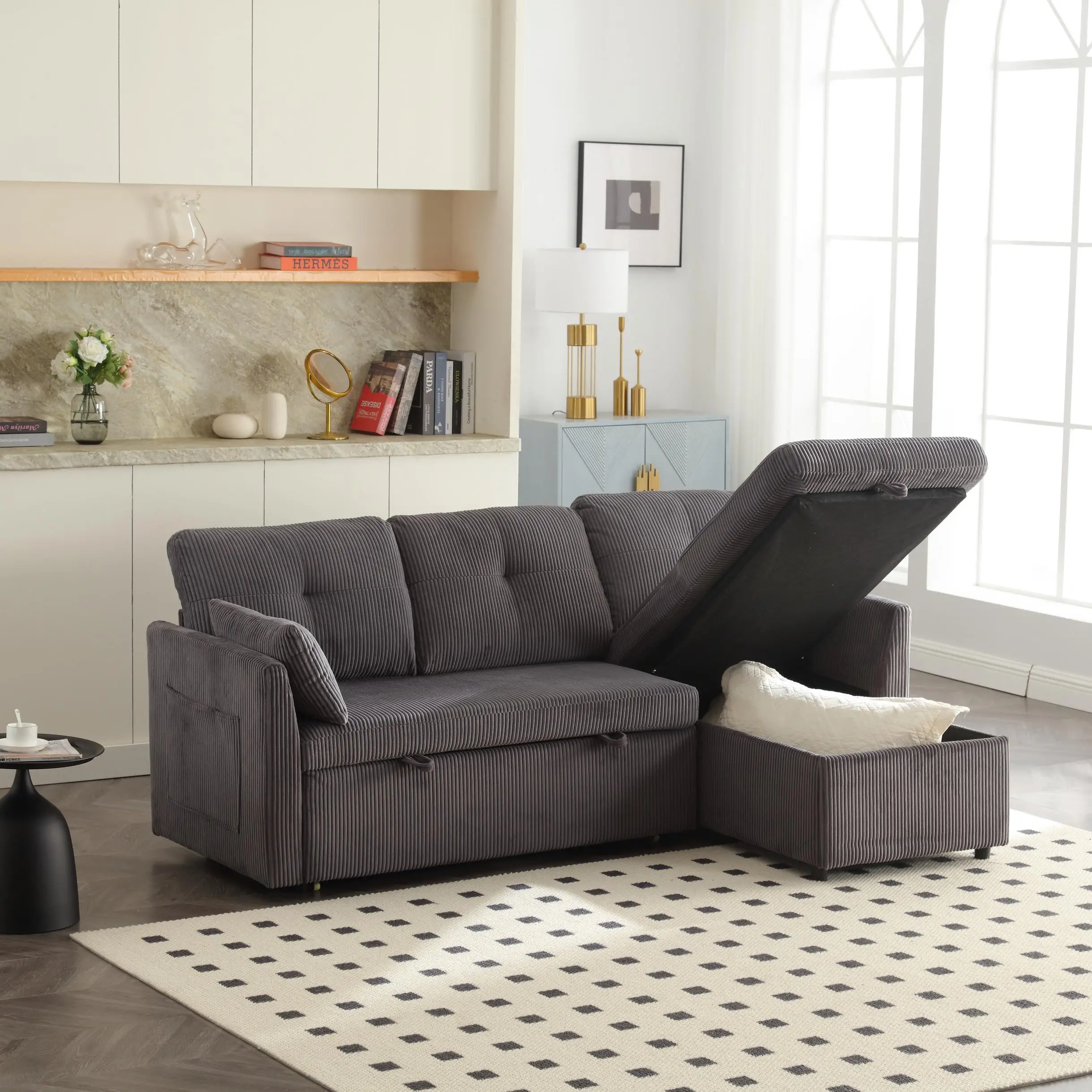Corner Corduroy Sofa Bed 206 x 130 x 88cm - Charcoal Grey - 9
