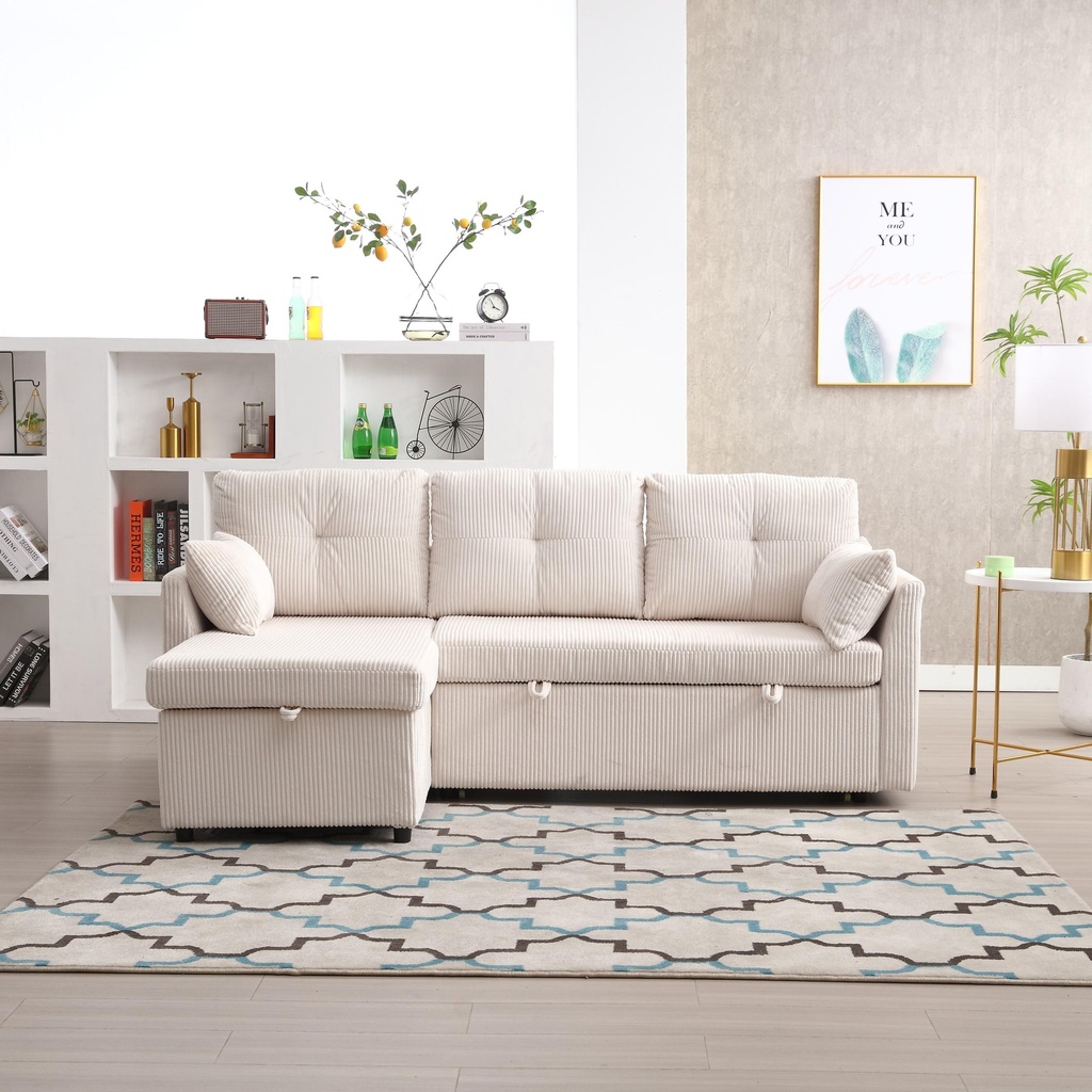 Corner Corduroy Sofa Bed 206 x 130 x 88cm - Beige - 1