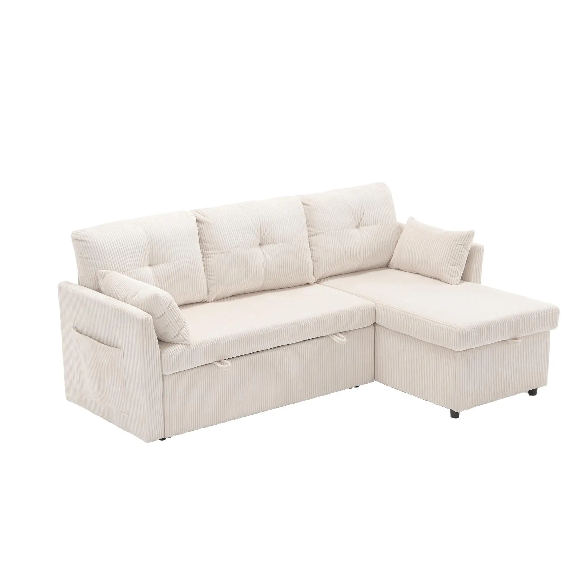 Corner Corduroy Sofa Bed 206 x 130 x 88cm - Beige - 2