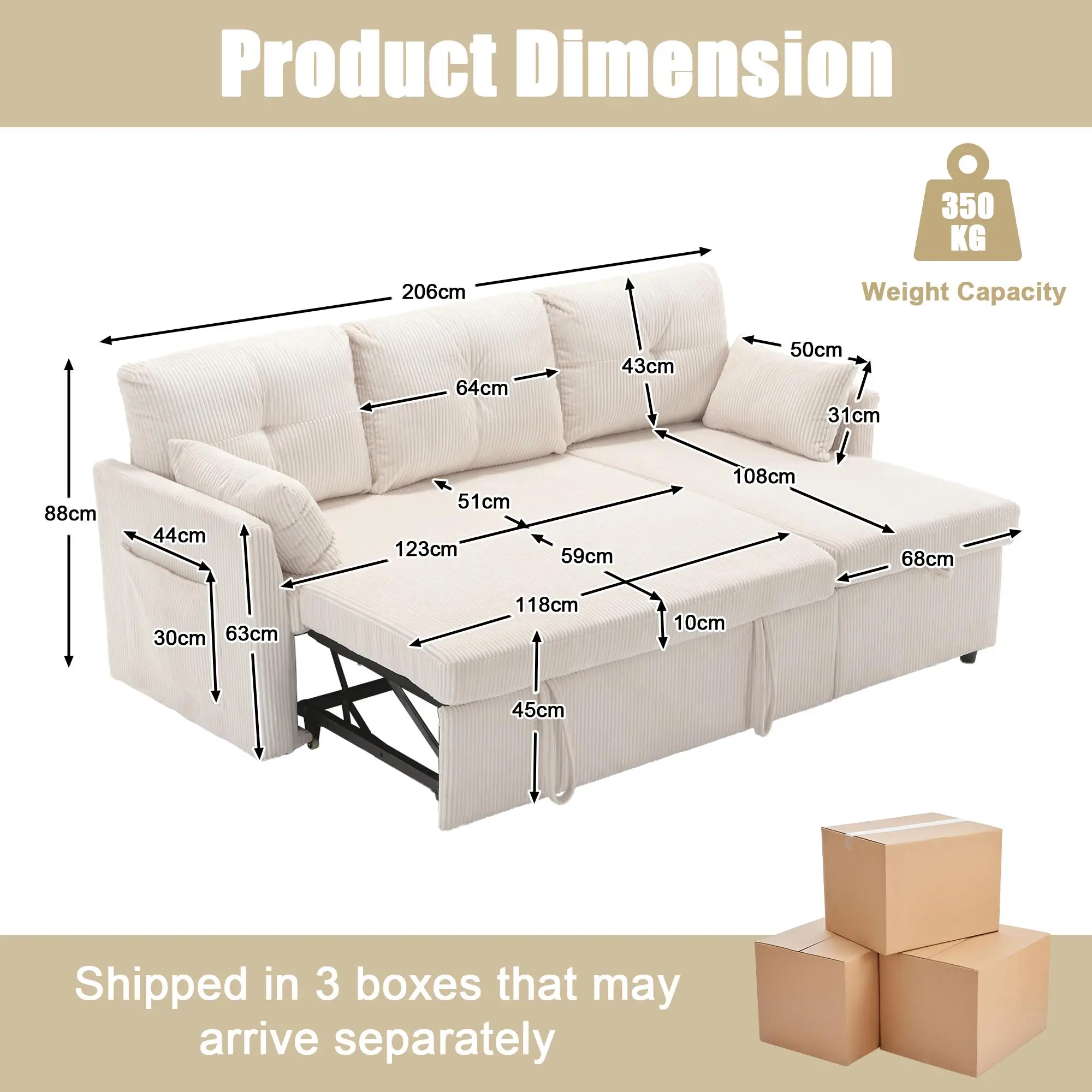 Corner Corduroy Sofa Bed 206 x 130 x 88cm - Beige - 3