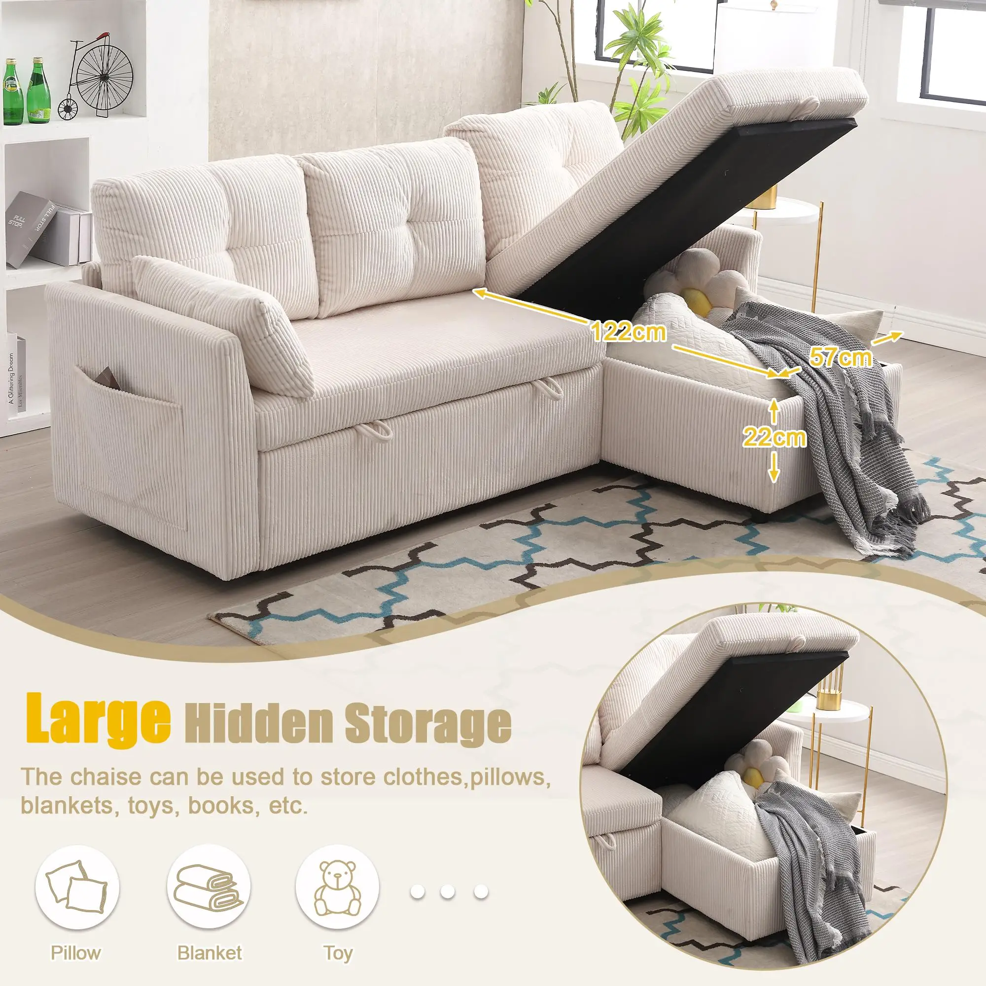 Corner Corduroy Sofa Bed 206 x 130 x 88cm - Beige - 4