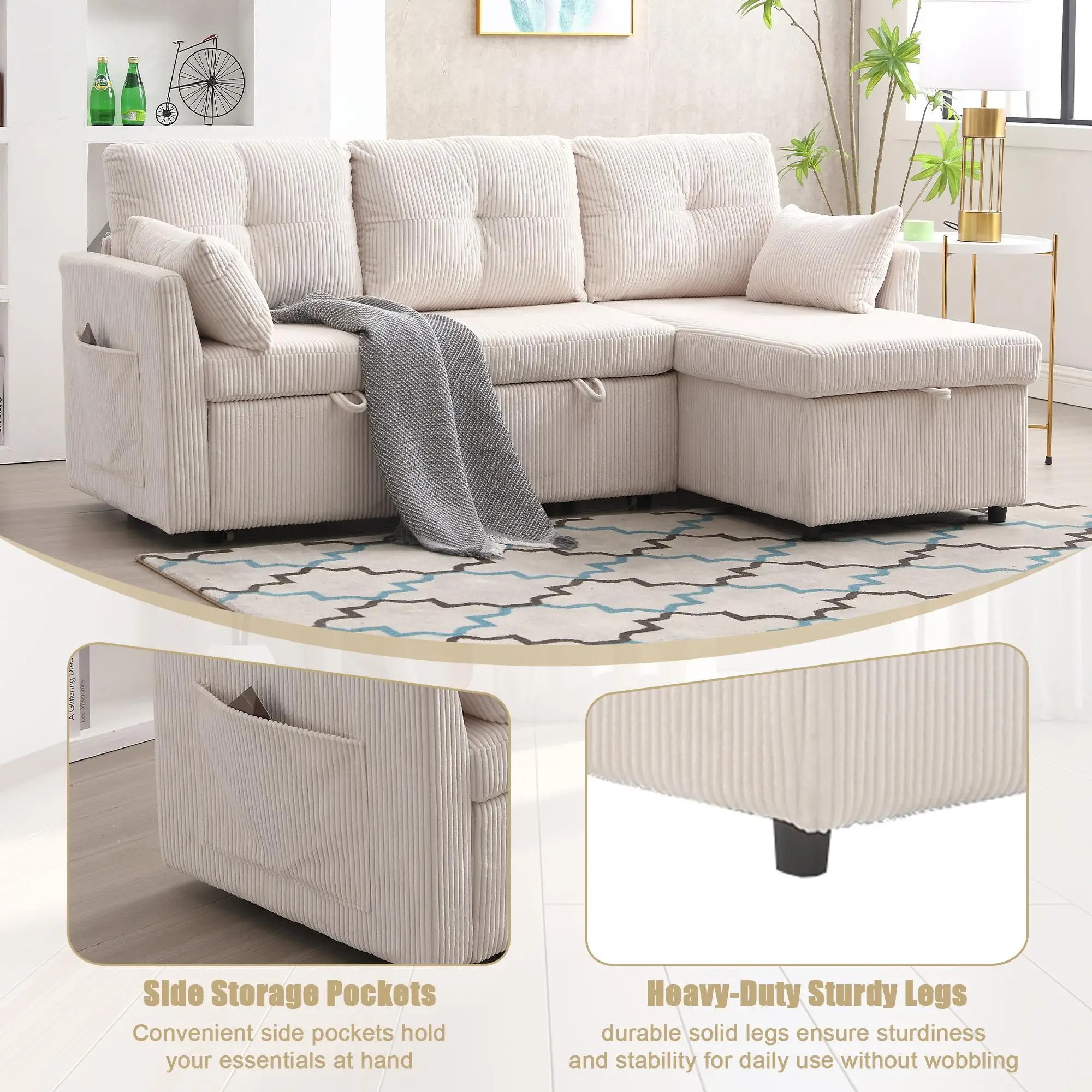 Corner Corduroy Sofa Bed 206 x 130 x 88cm - Beige - 5