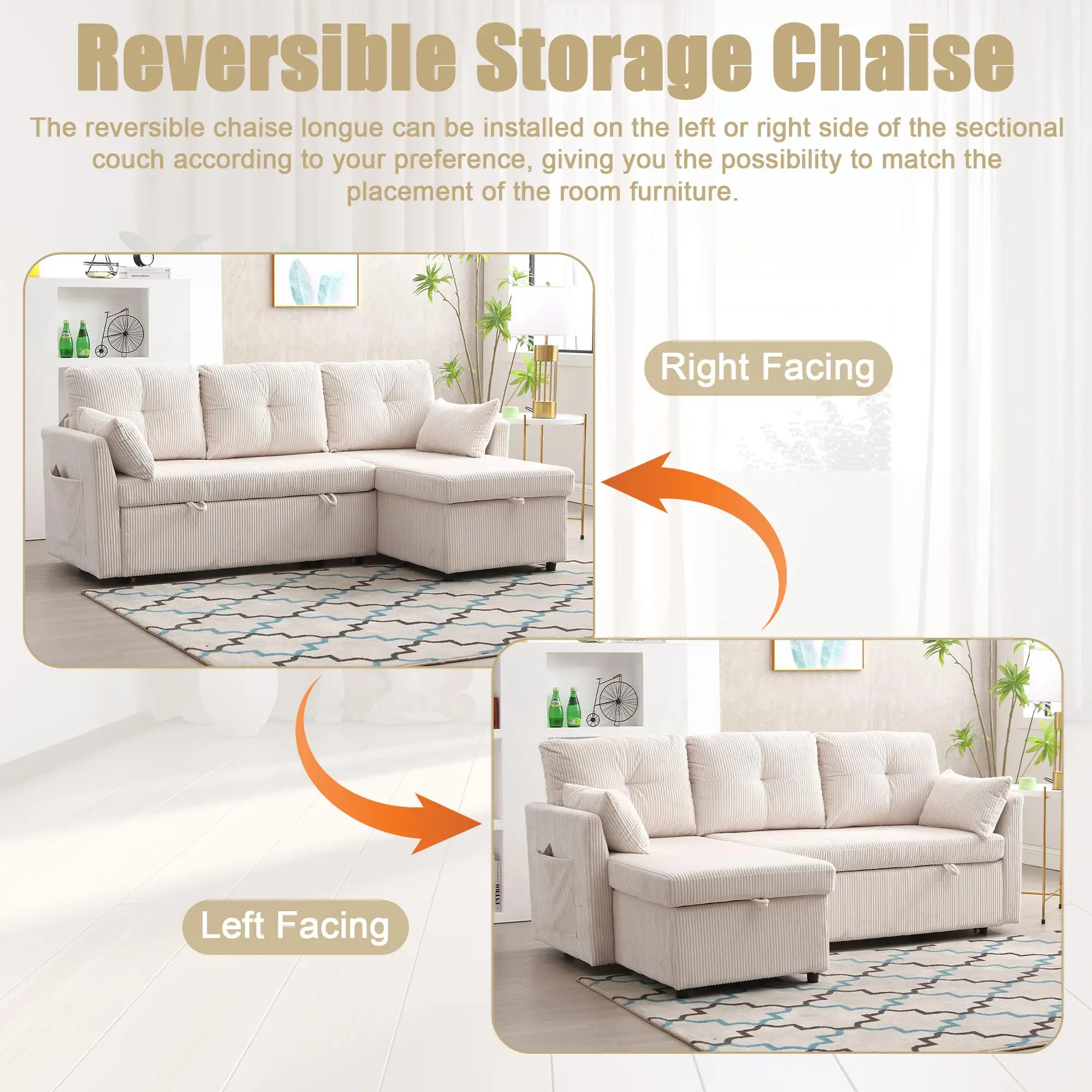 Corner Corduroy Sofa Bed 206 x 130 x 88cm - Beige - 6