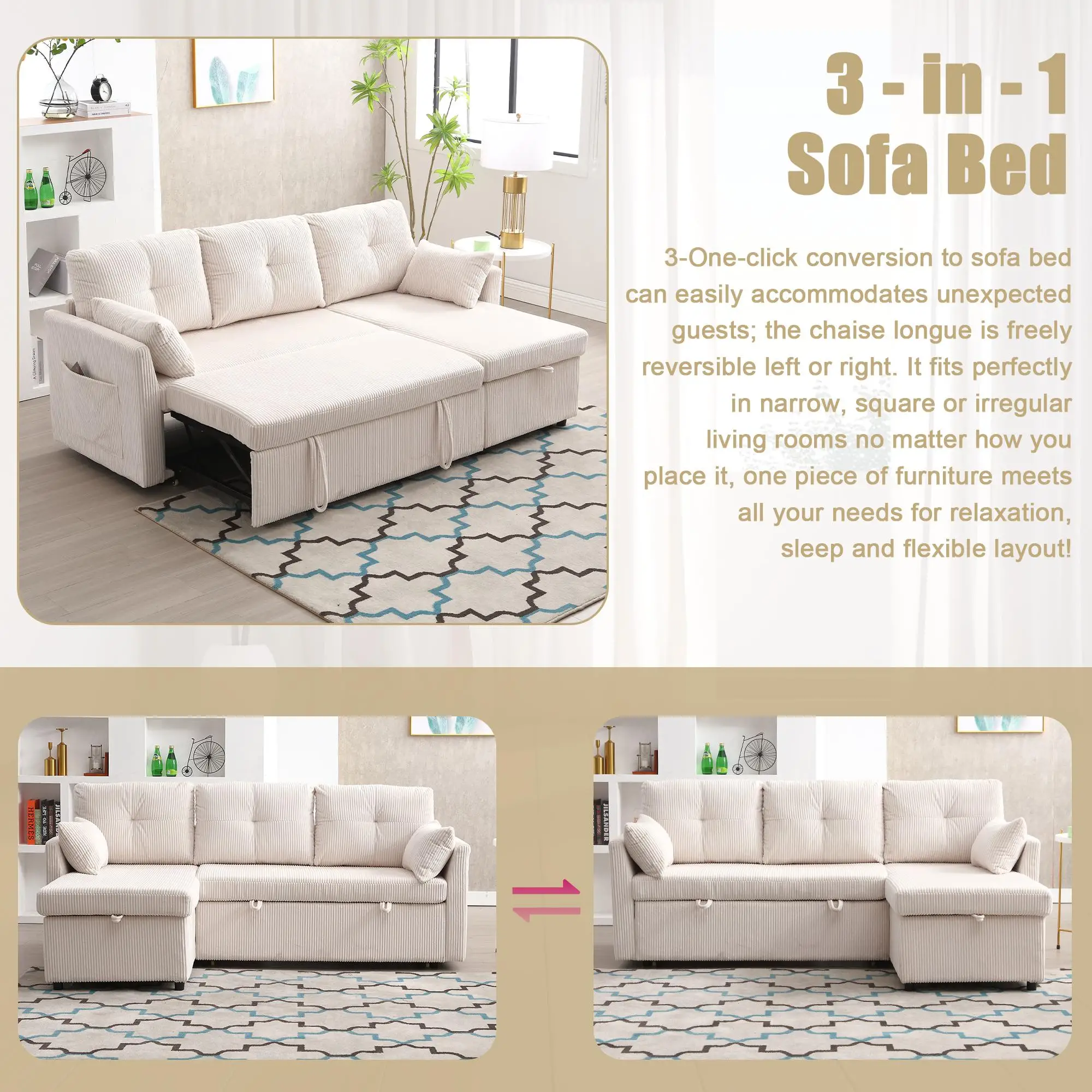Corner Corduroy Sofa Bed 206 x 130 x 88cm - Beige - 7