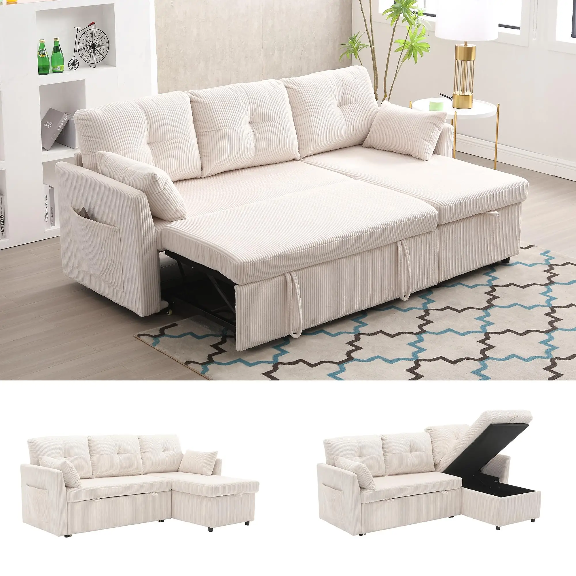 Corner Corduroy Sofa Bed 206 x 130 x 88cm - Beige - 9