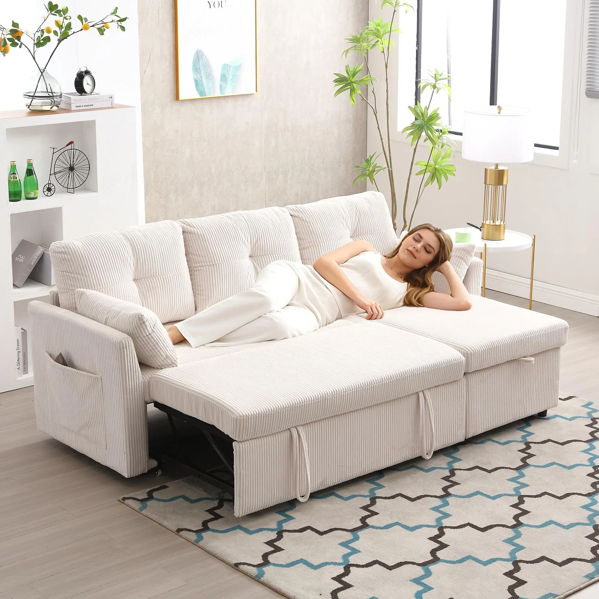 Corner Corduroy Sofa Bed 206 x 130 x 88cm - Beige - 10