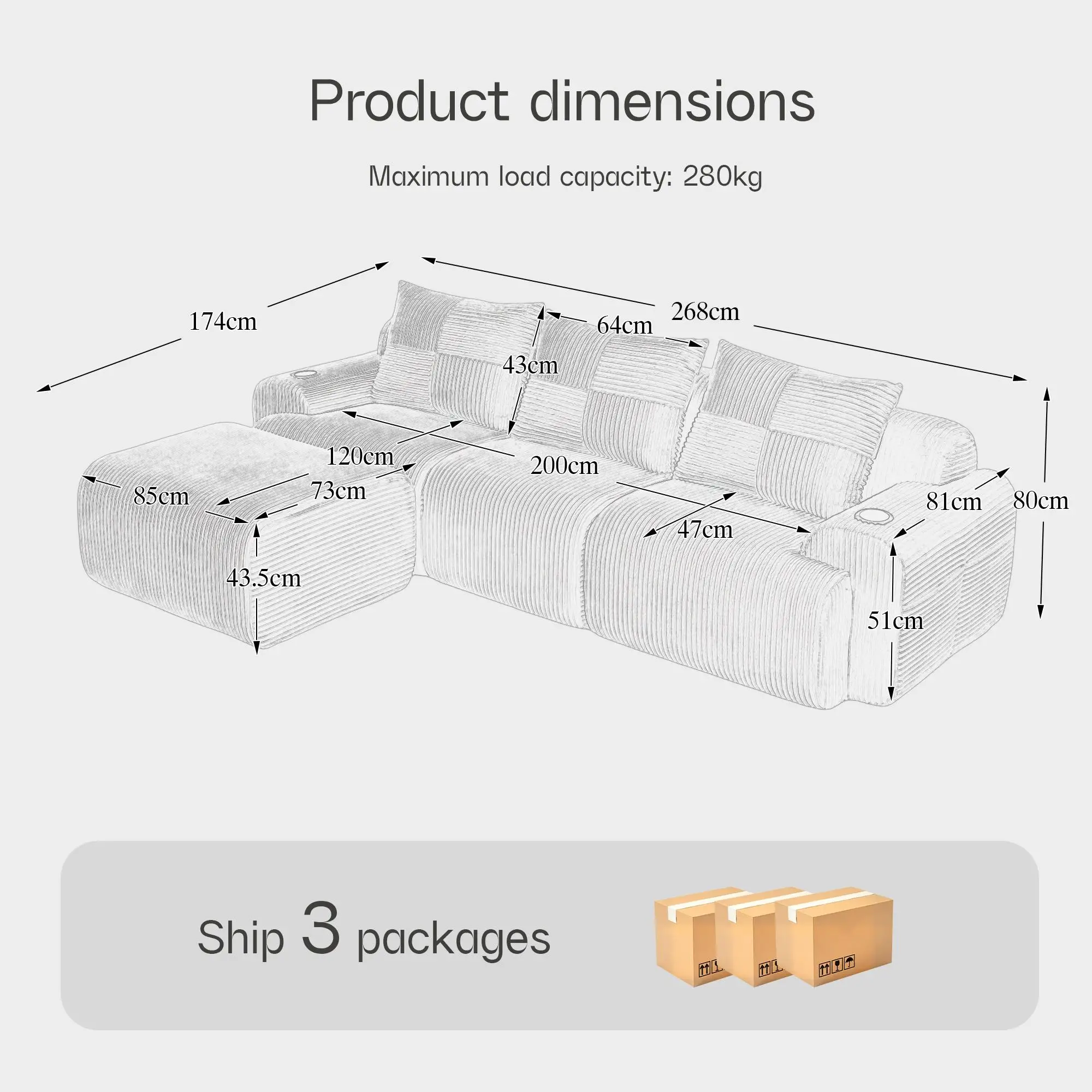 Corner 3 Seater Corduroy Sofa 268 x 174 x 80cm - Light Grey - 3