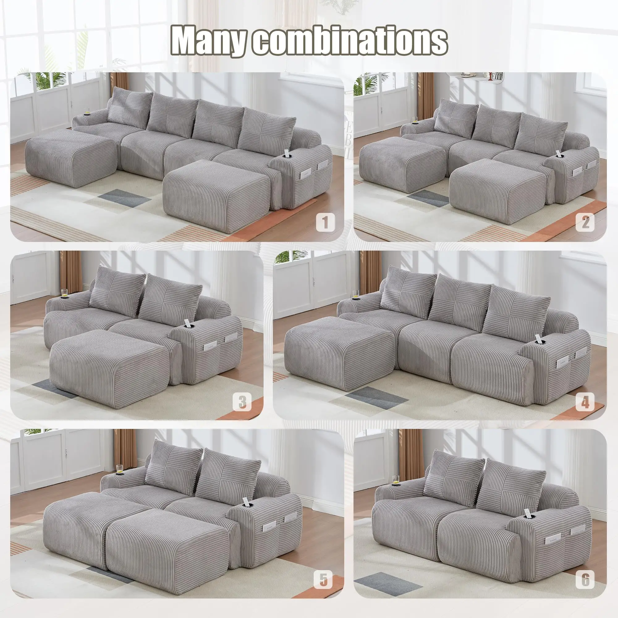 Corner 3 Seater Corduroy Sofa 268 x 174 x 80cm - Light Grey - 4