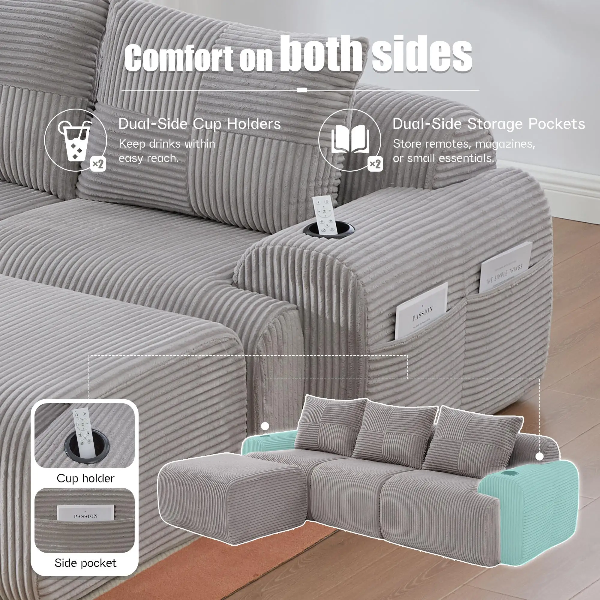 Corner 3 Seater Corduroy Sofa 268 x 174 x 80cm - Light Grey - 6