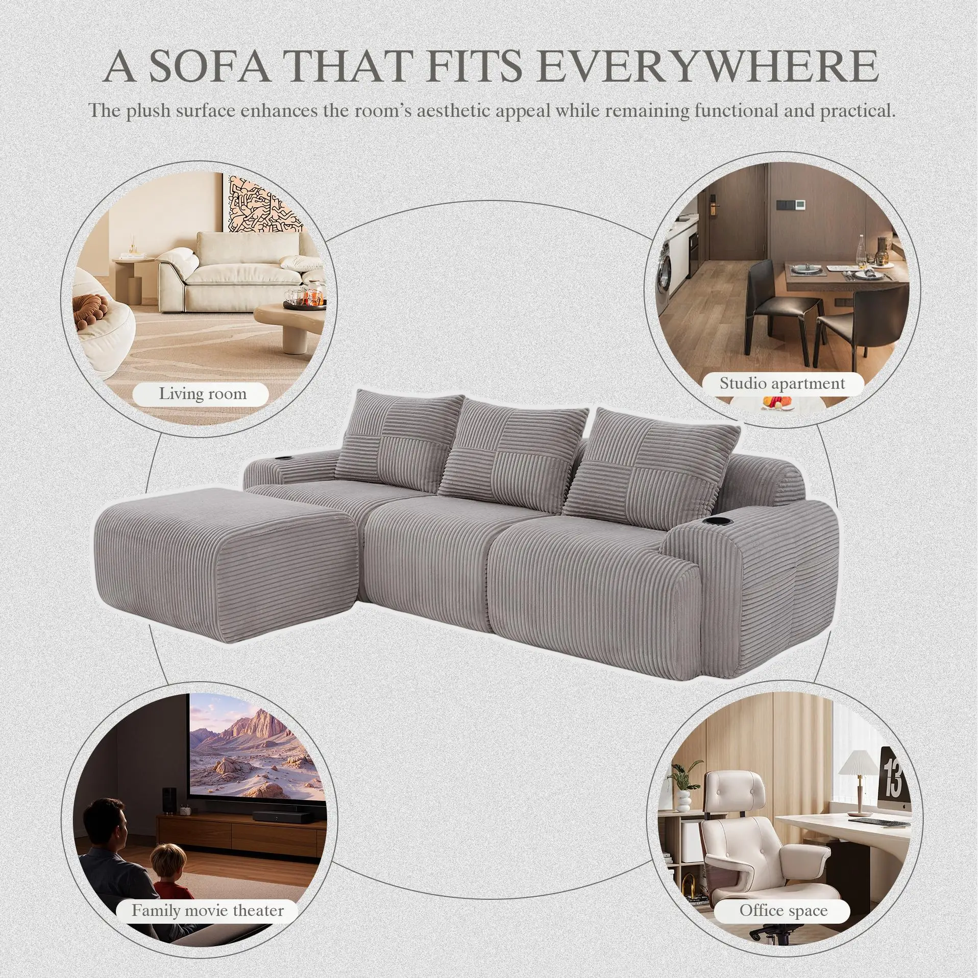 Corner 3 Seater Corduroy Sofa 268 x 174 x 80cm - Light Grey - 7