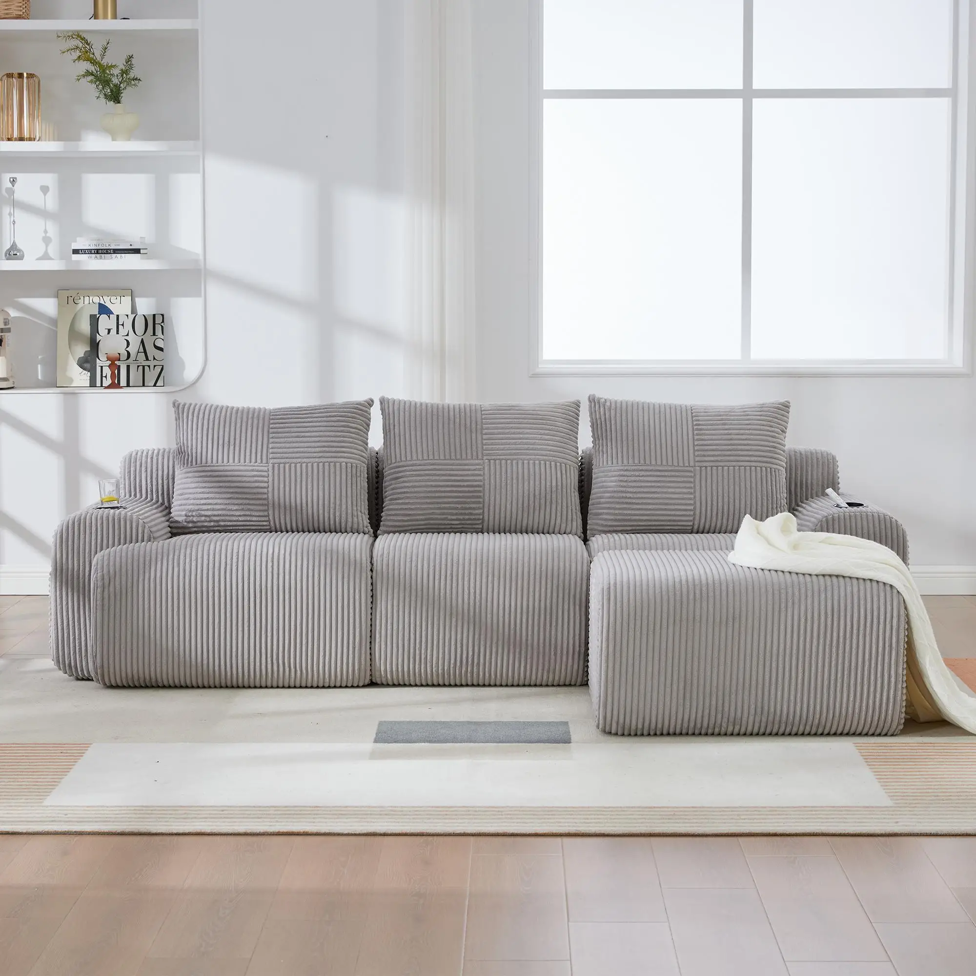 Corner 3 Seater Corduroy Sofa 268 x 174 x 80cm - Light Grey - 8