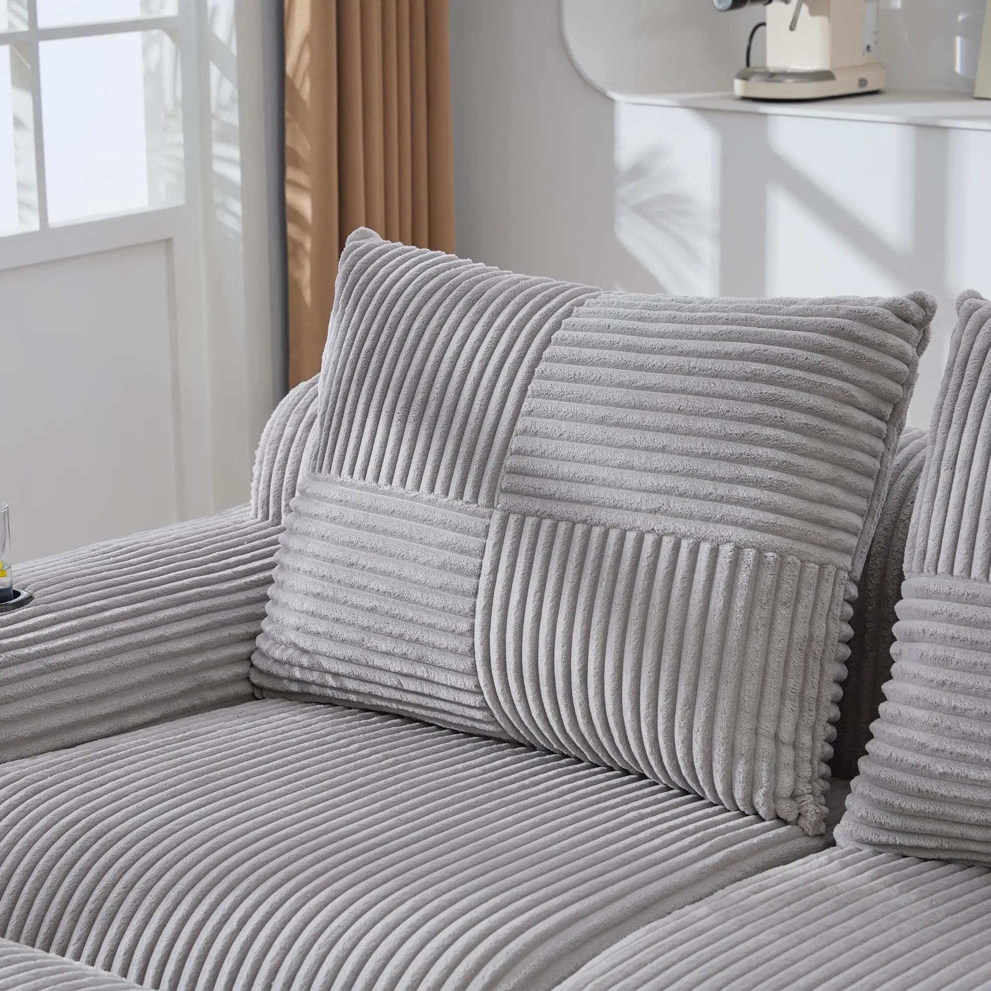 Corner 3 Seater Corduroy Sofa 268 x 174 x 80cm - Light Grey - 9