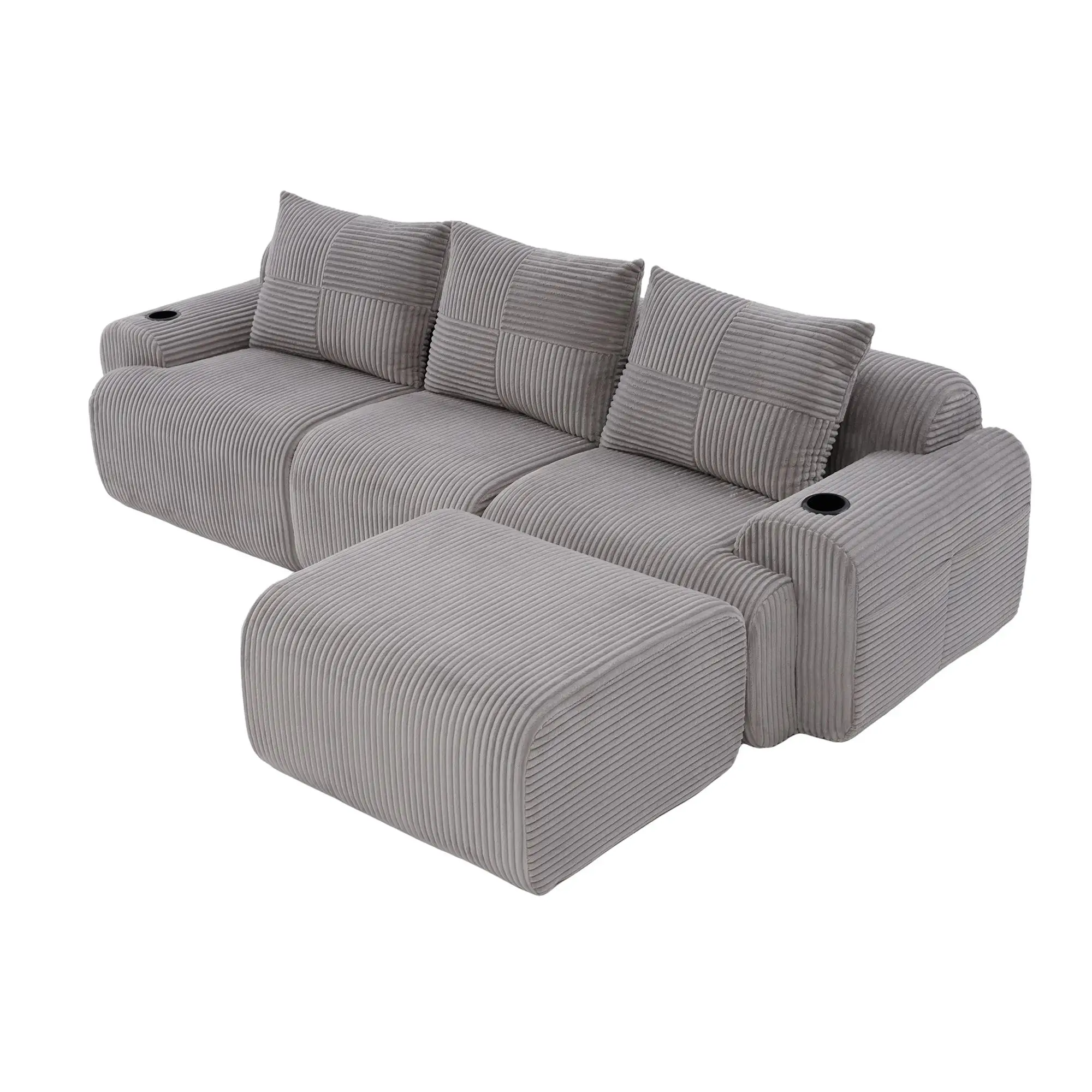 Corner 3 Seater Corduroy Sofa 268 x 174 x 80cm - Light Grey - 11
