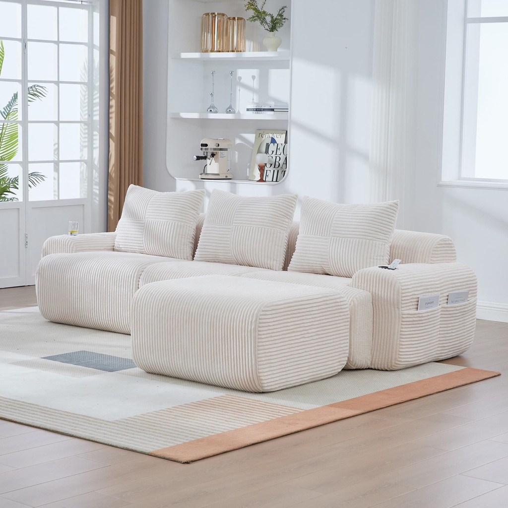 Corner 3 Seater Corduroy Sofa 268 x 174 x 80cm - Beige - 1