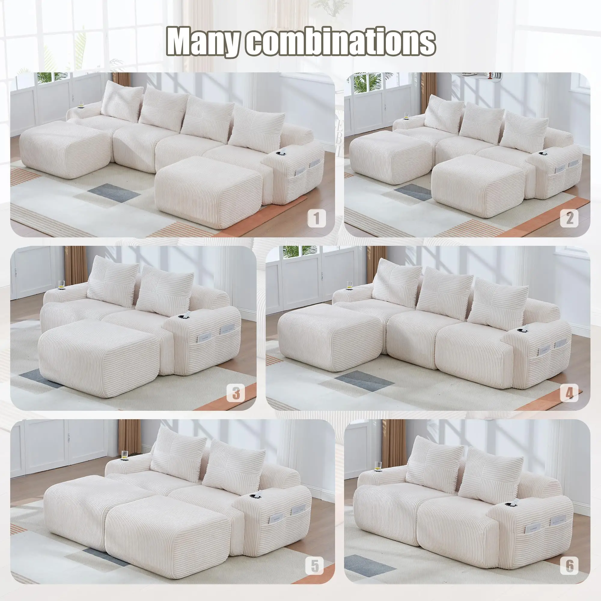 Corner 3 Seater Corduroy Sofa 268 x 174 x 80cm - Beige - 4