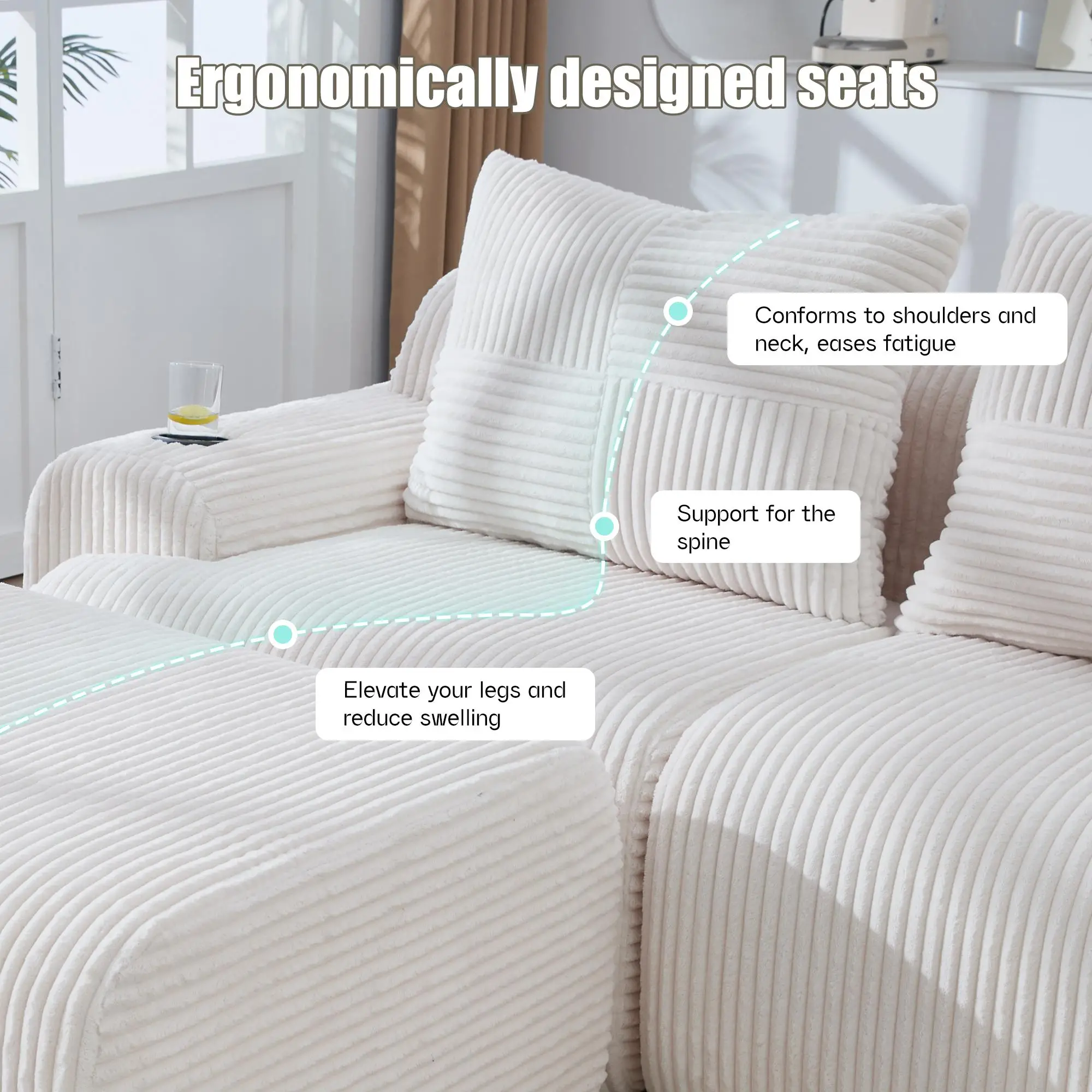 Corner 3 Seater Corduroy Sofa 268 x 174 x 80cm - Beige - 5