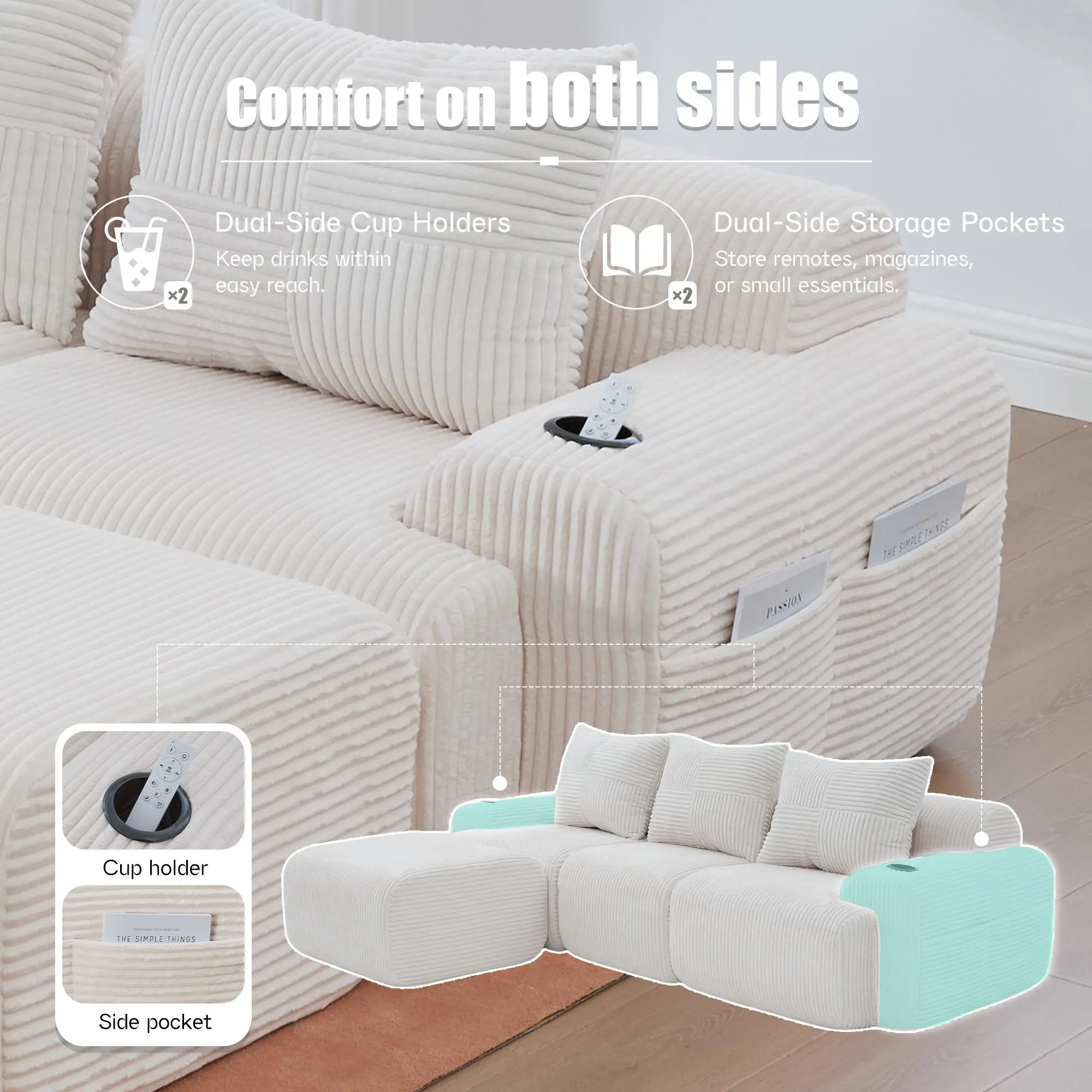 Corner 3 Seater Corduroy Sofa 268 x 174 x 80cm - Beige - 6