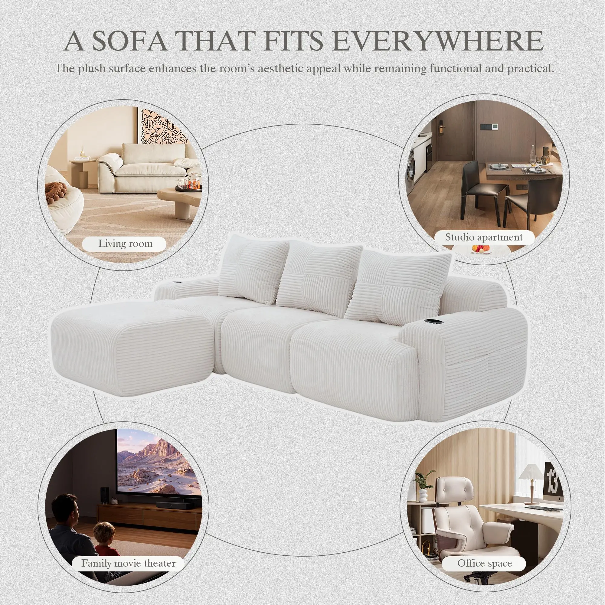Corner 3 Seater Corduroy Sofa 268 x 174 x 80cm - Beige - 7