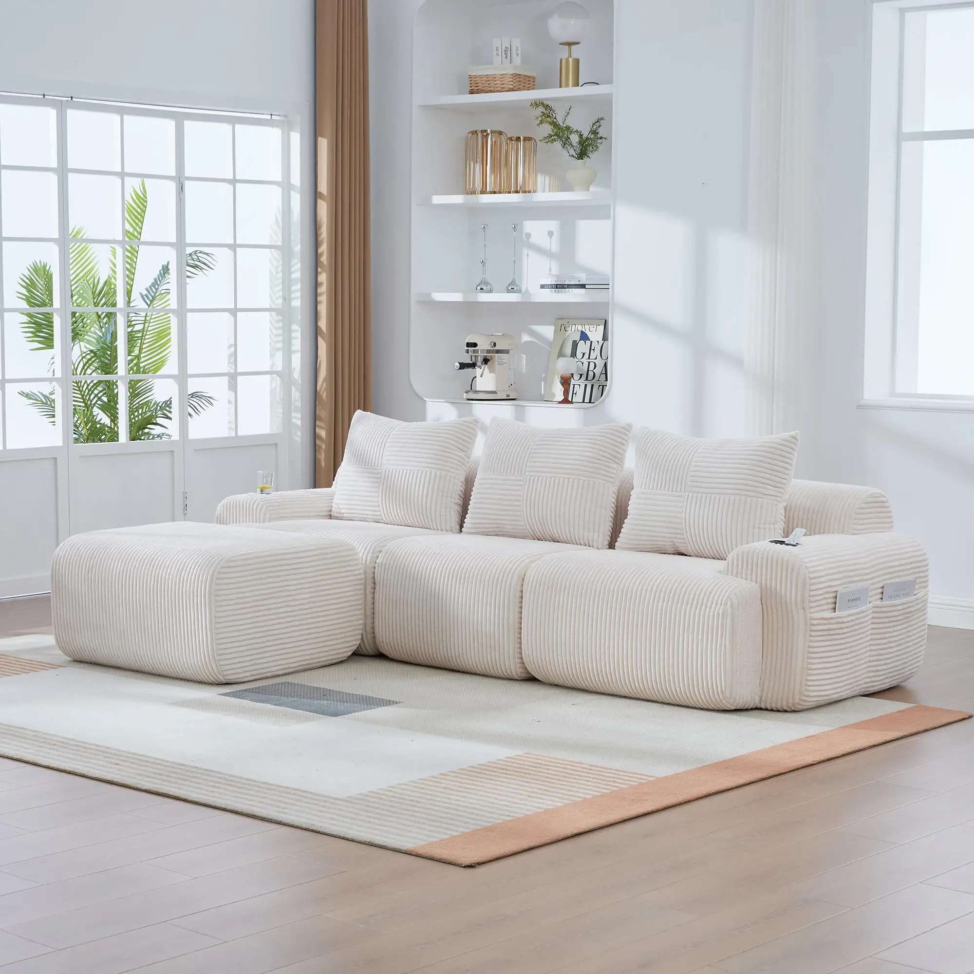 Corner 3 Seater Corduroy Sofa 268 x 174 x 80cm - Beige - 9
