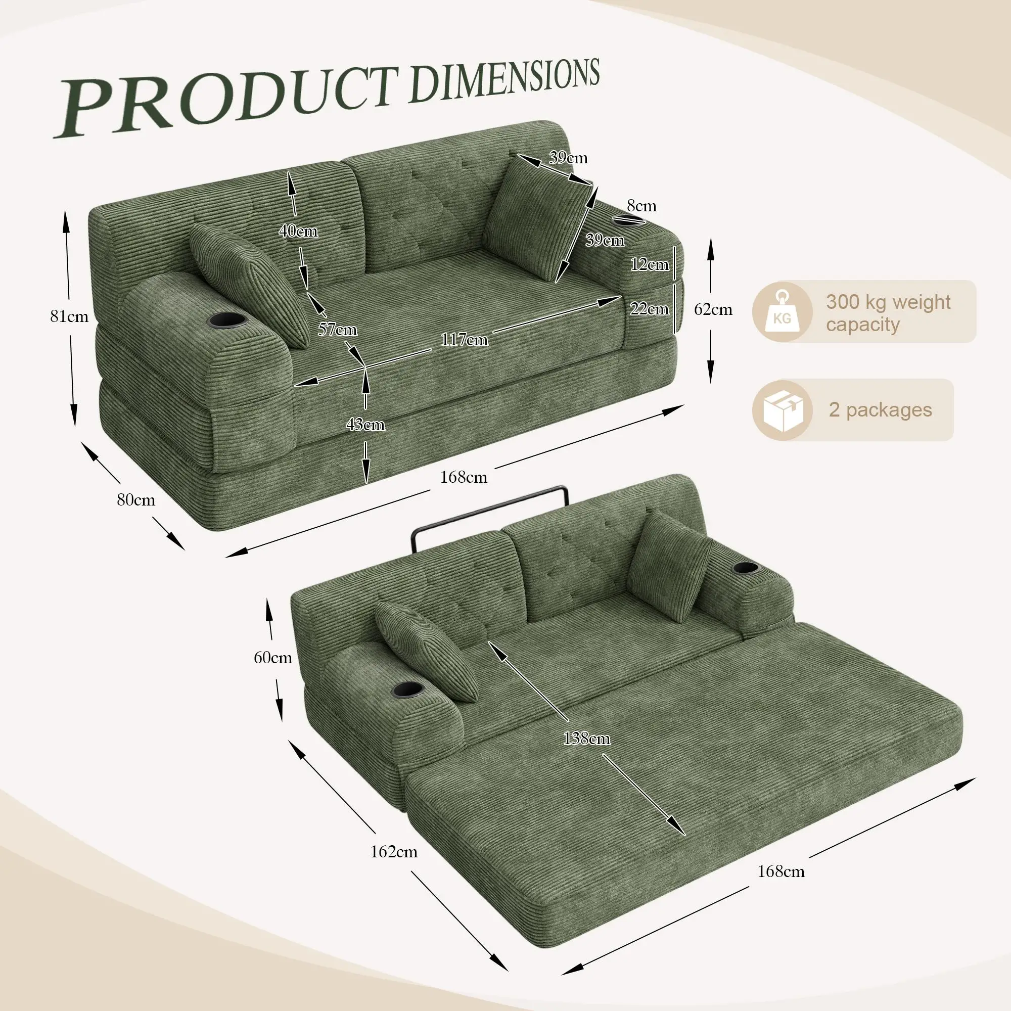 Corduroy Sofa Bed 168 x 80 x 81cm - Green - 3