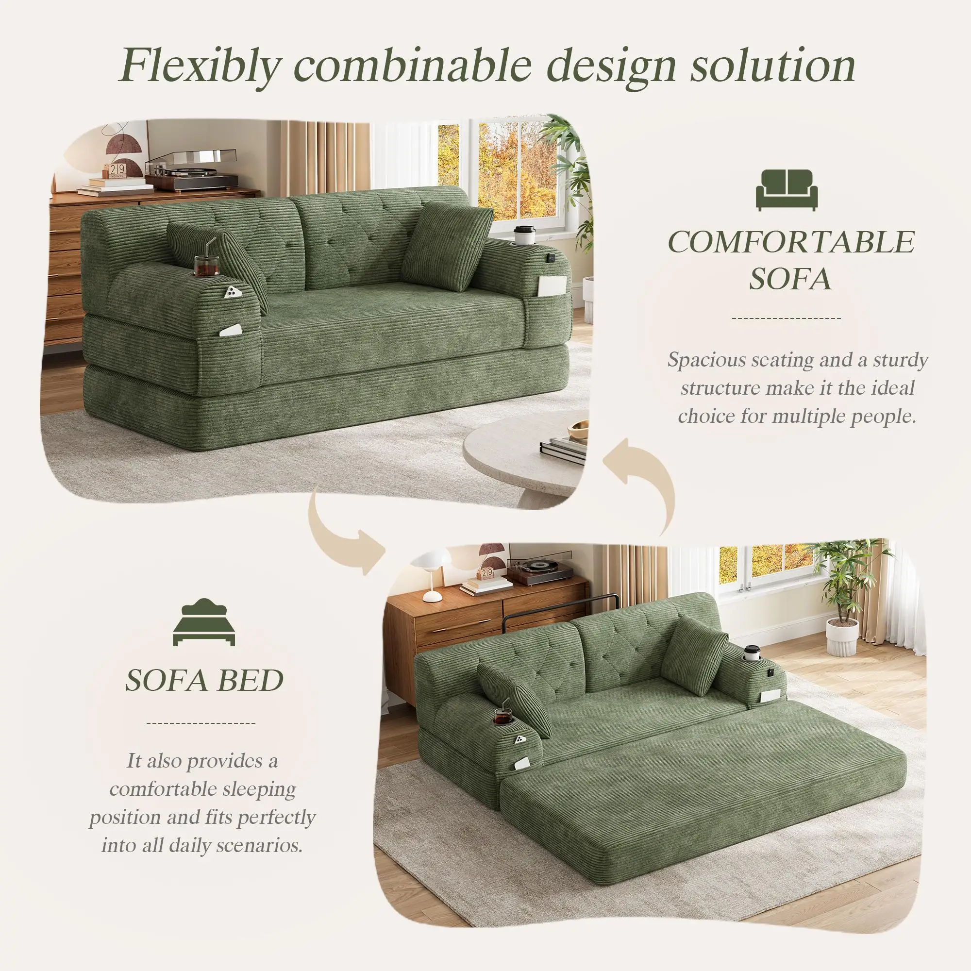 Corduroy Sofa Bed 168 x 80 x 81cm - Green - 4