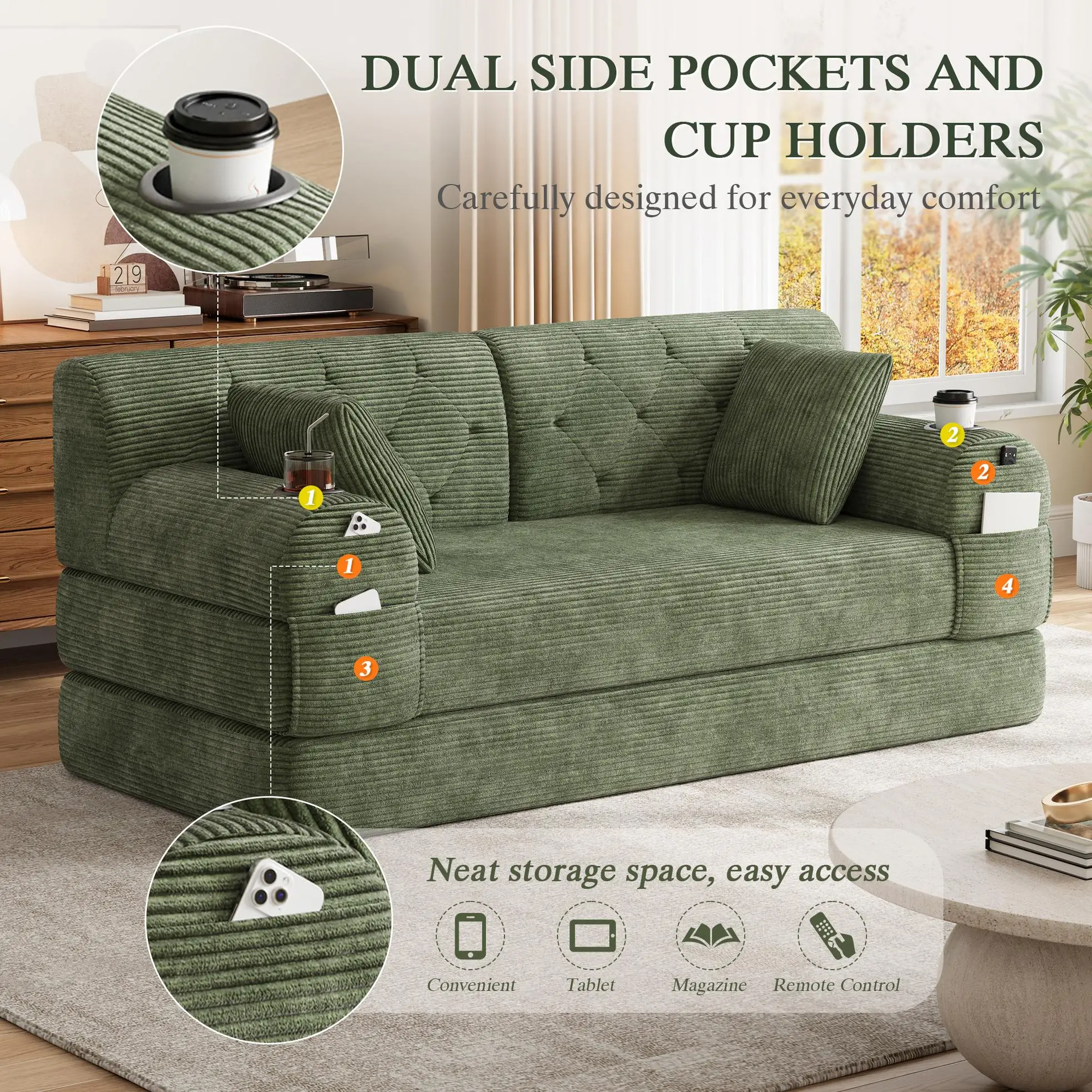 Corduroy Sofa Bed 168 x 80 x 81cm - Green - 5