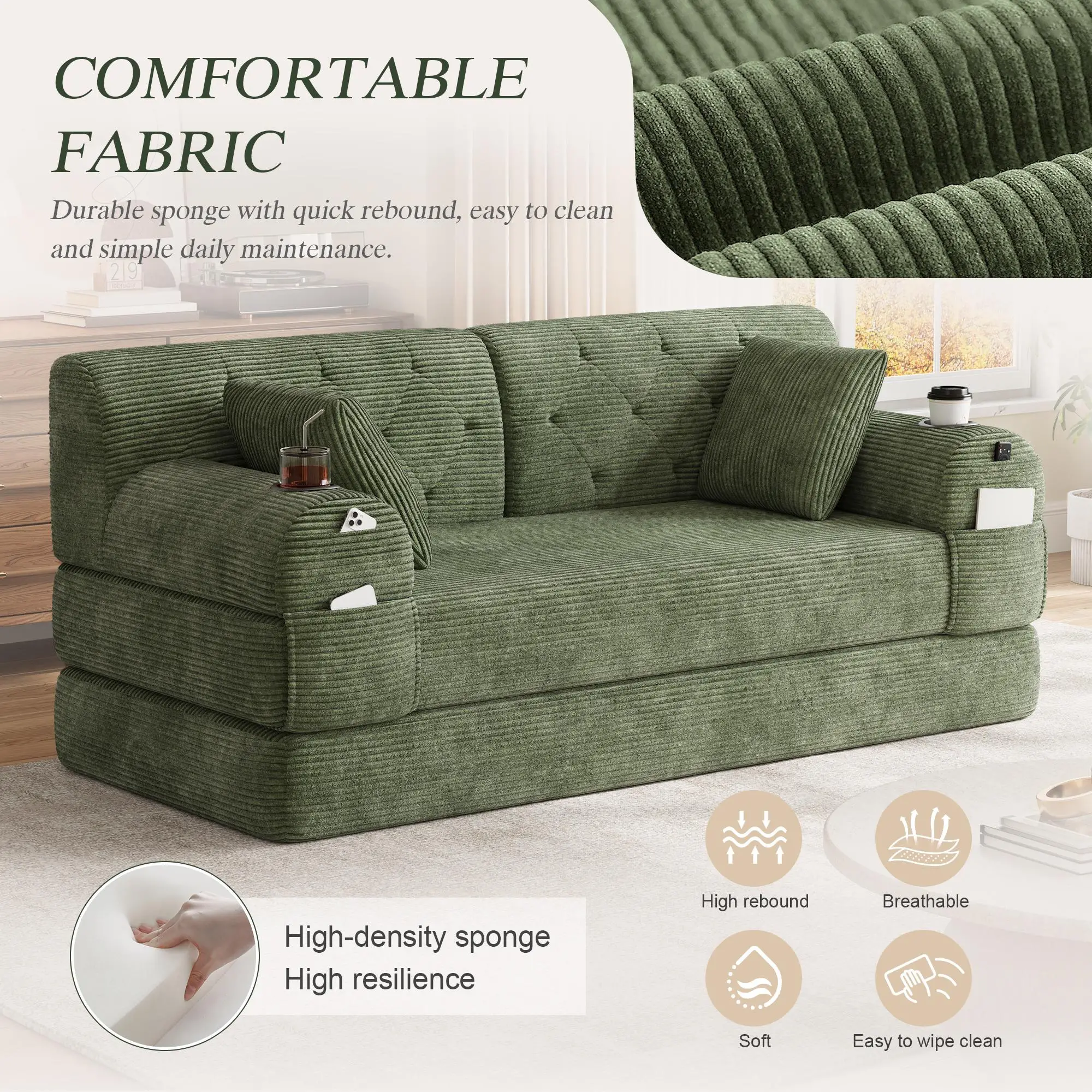 Corduroy Sofa Bed 168 x 80 x 81cm - Green - 6