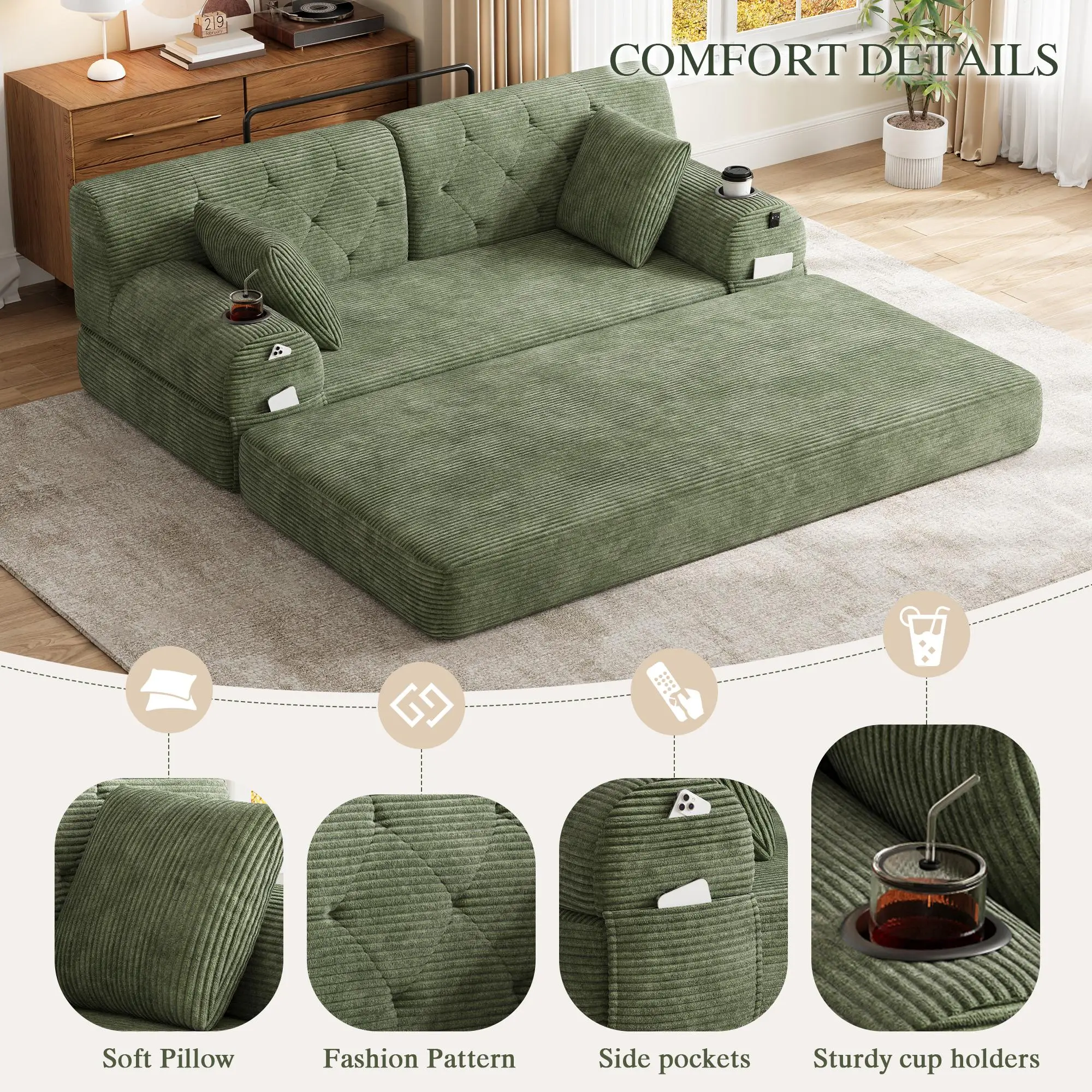 Corduroy Sofa Bed 168 x 80 x 81cm - Green - 7