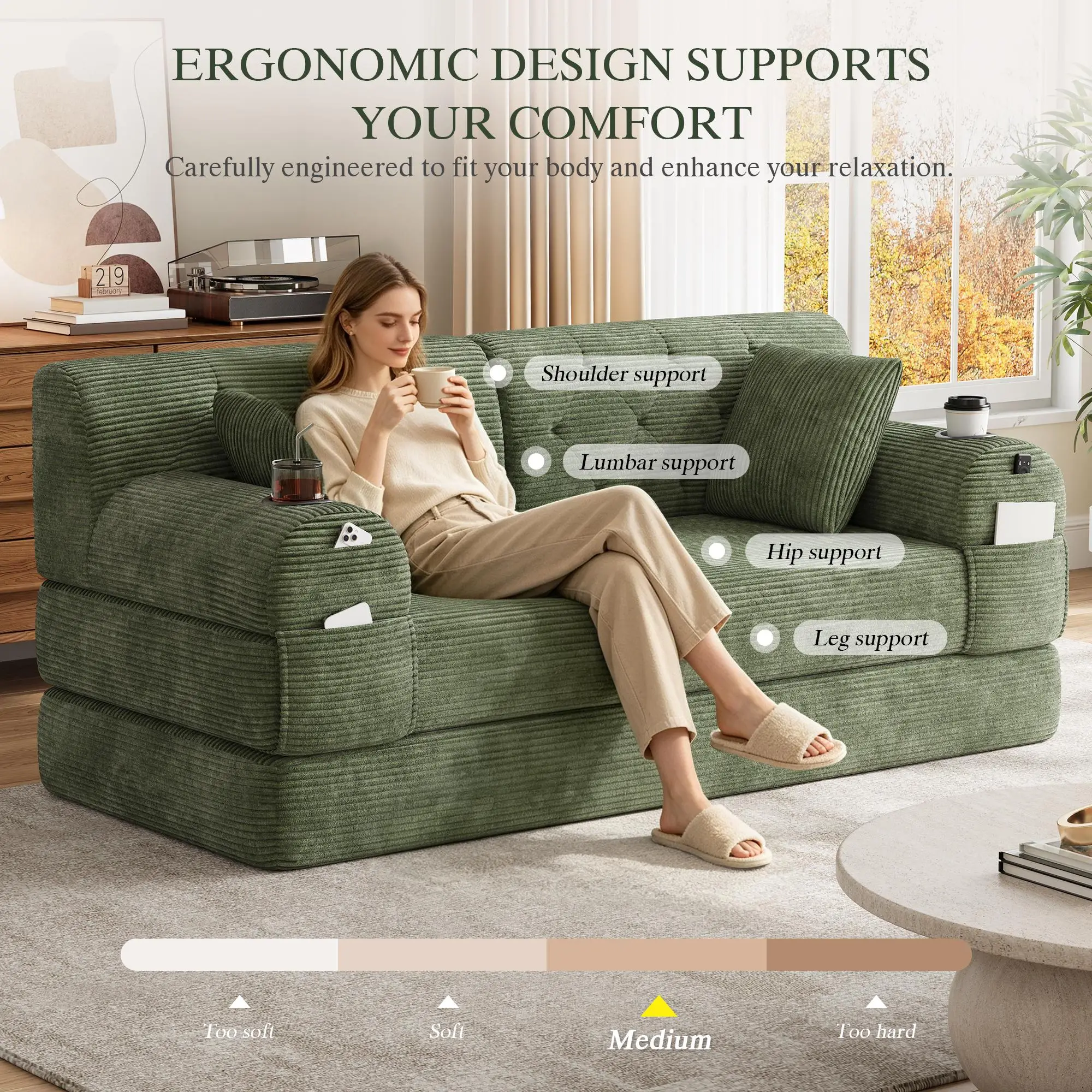 Corduroy Sofa Bed 168 x 80 x 81cm - Green - 8