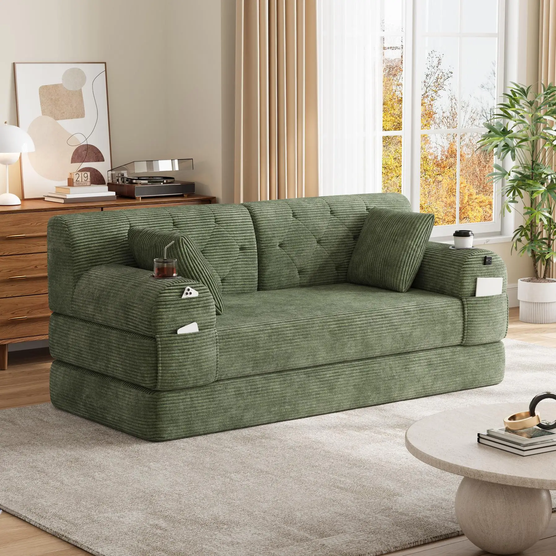 Corduroy Sofa Bed 168 x 80 x 81cm - Green - 9