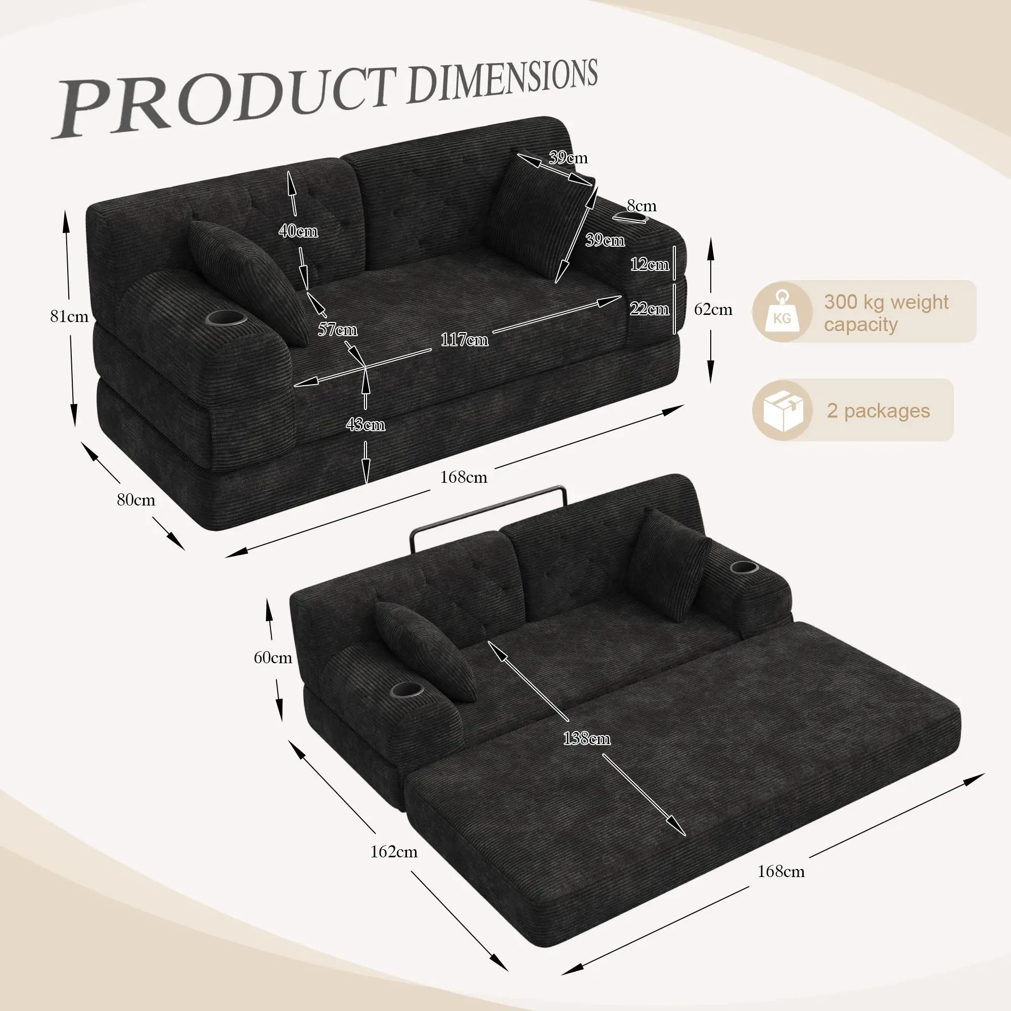 Corduroy Sofa Bed 168 x 80 x 81cm - Black - 3